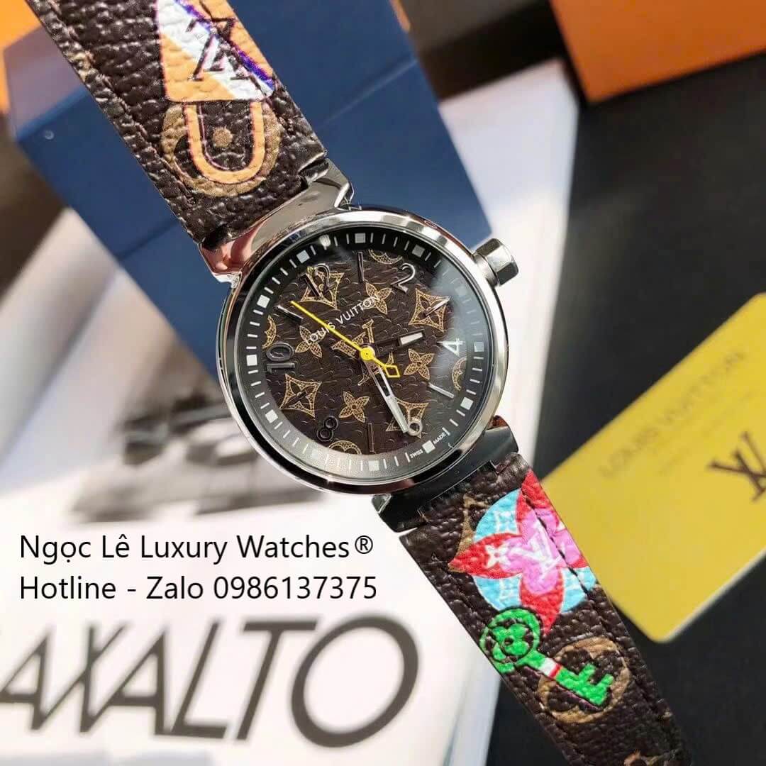 Đồng hồ Louis Vuitton Tambour Monogram dây da nâu vỏ silver, đồng hồ LV nữ siêu cấp size 35mm