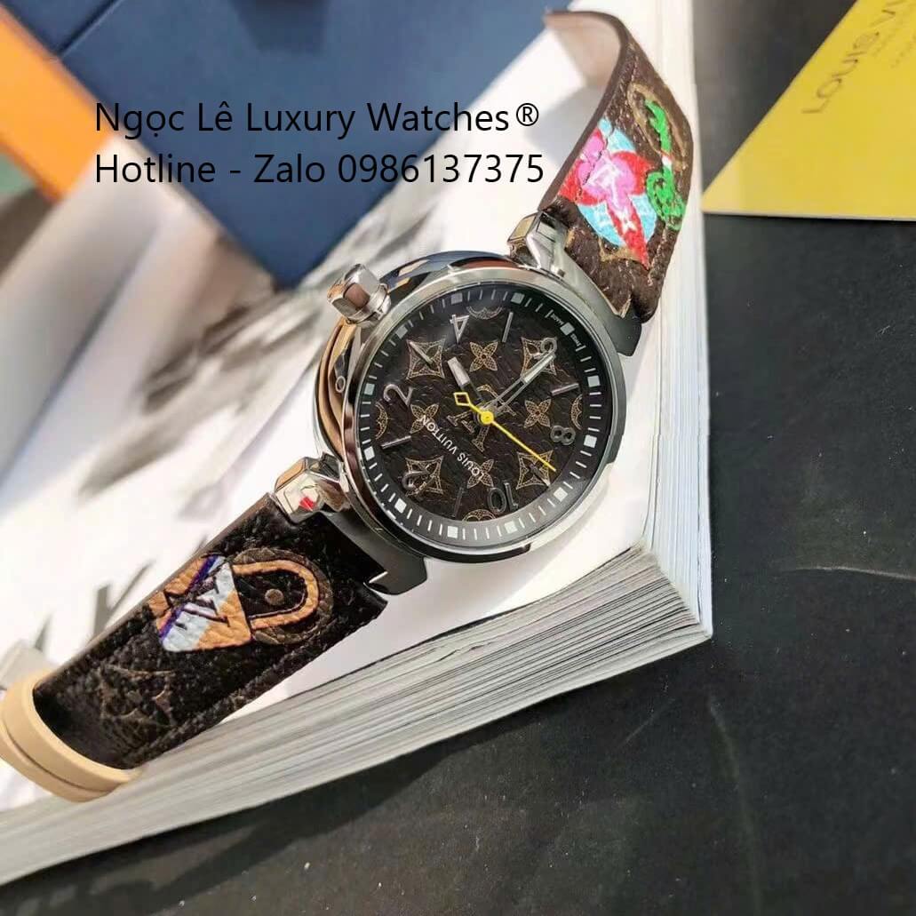 Đồng hồ Louis Vuitton Tambour Monogram dây da nâu vỏ silver, đồng hồ LV nữ siêu cấp size 35mm