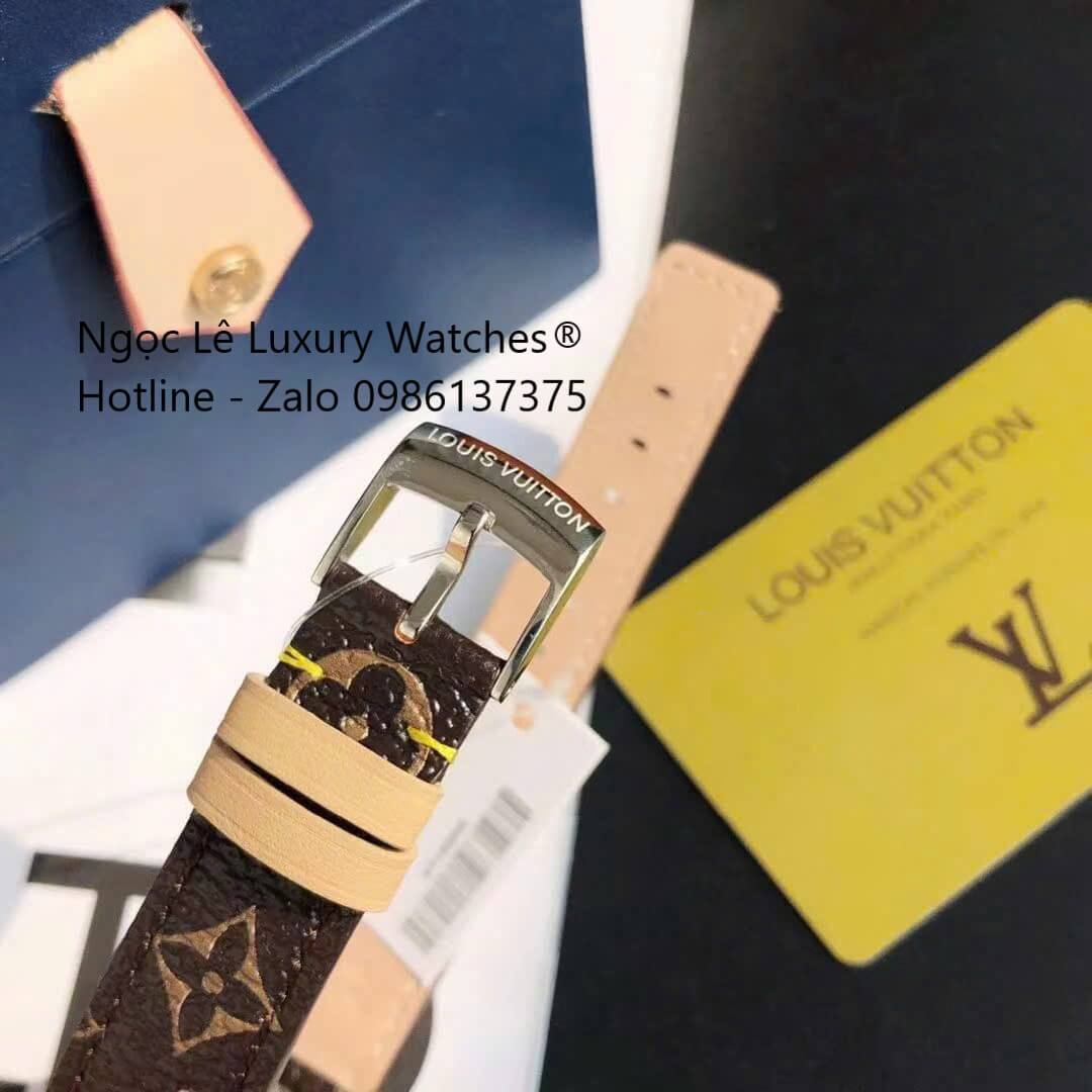 Đồng hồ Louis Vuitton Tambour Monogram dây da nâu vỏ silver, đồng hồ LV nữ siêu cấp size 35mm