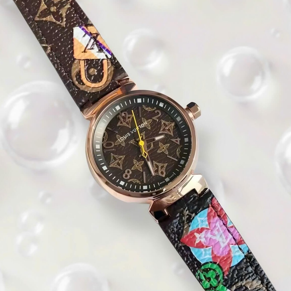 Đồng hồ Louis Vuitton Tambour Monogram dây da nâu vỏ vàng hồng, đồng hồ LV nữ siêu cấp size 35mm