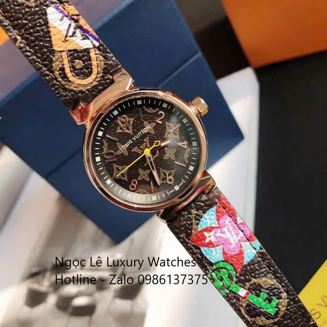 Đồng hồ Louis Vuitton Tambour Monogram dây da nâu vỏ vàng hồng, đồng hồ LV nữ siêu cấp size 35mm