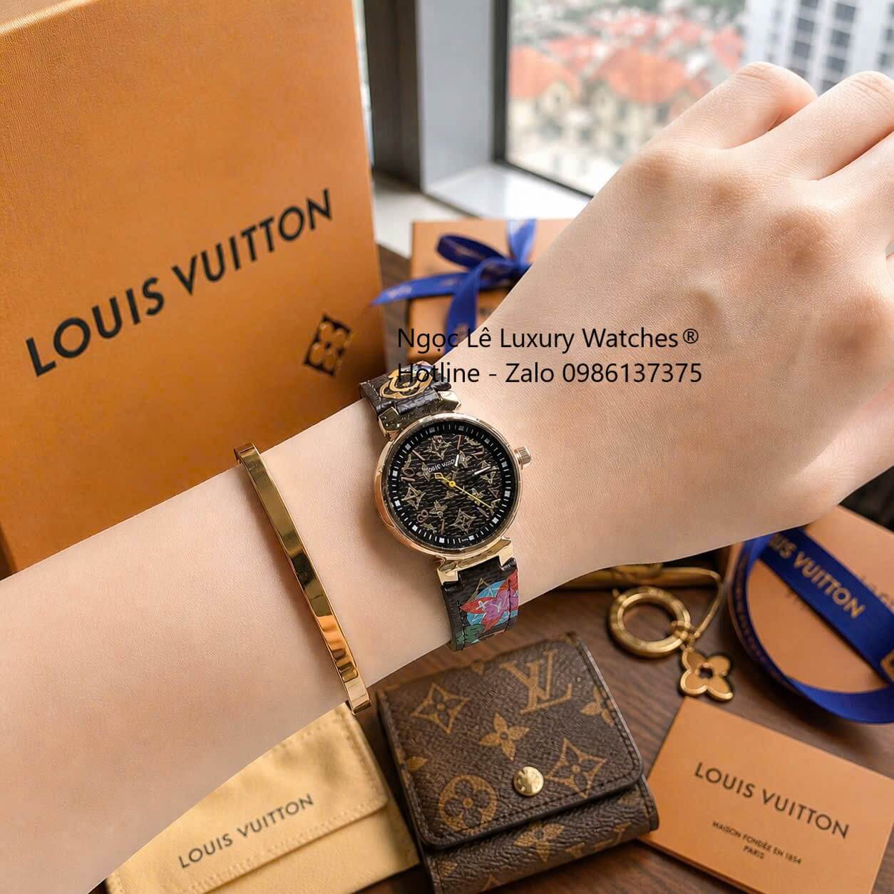 Đồng hồ Louis Vuitton Tambour Monogram dây da nâu vỏ vàng hồng, đồng hồ LV nữ siêu cấp size 35mm