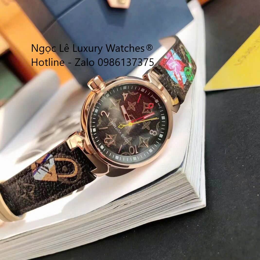 Đồng hồ Louis Vuitton Tambour Monogram dây da nâu vỏ vàng hồng, đồng hồ LV nữ siêu cấp size 35mm