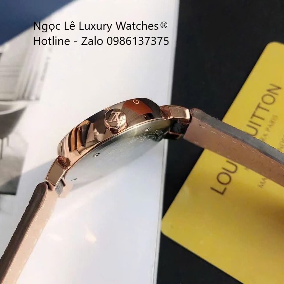 Đồng hồ Louis Vuitton Tambour Monogram dây da nâu vỏ vàng hồng, đồng hồ LV nữ siêu cấp size 35mm