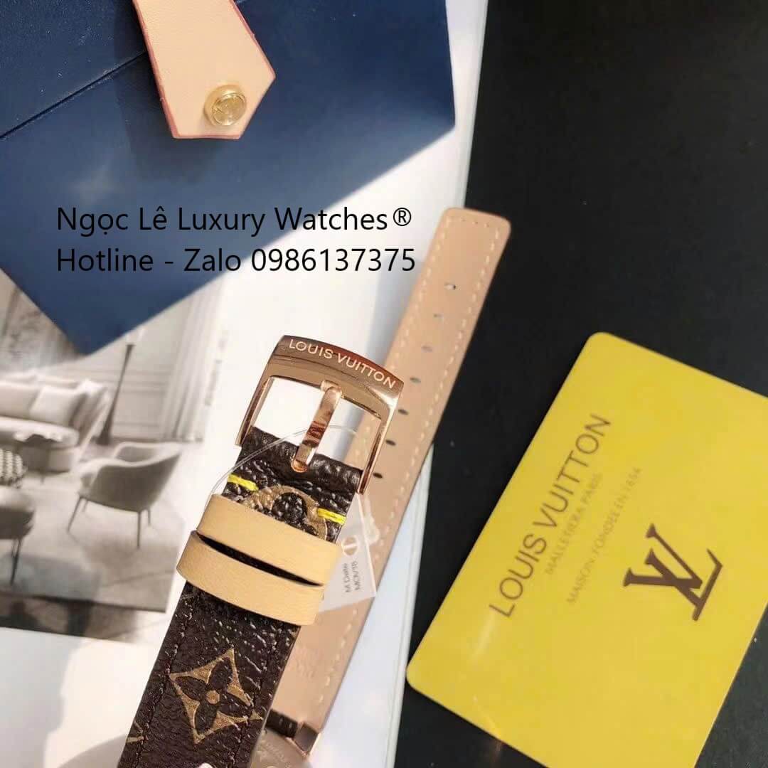 Đồng hồ Louis Vuitton Tambour Monogram dây da nâu vỏ vàng hồng, đồng hồ LV nữ siêu cấp size 35mm