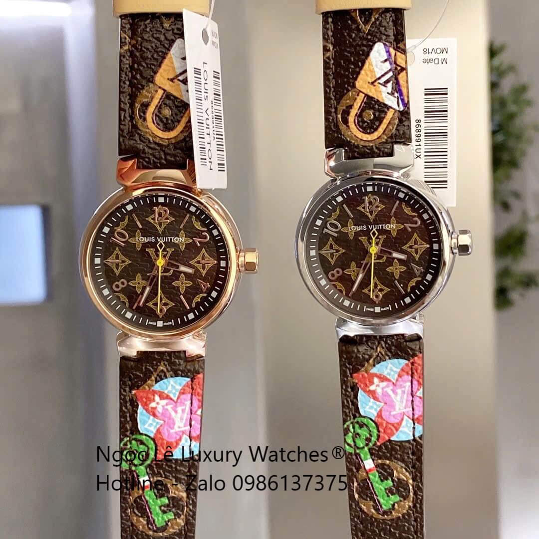 Đồng hồ Louis Vuitton Tambour Monogram dây da nâu vỏ silver, đồng hồ LV nữ siêu cấp size 35mm