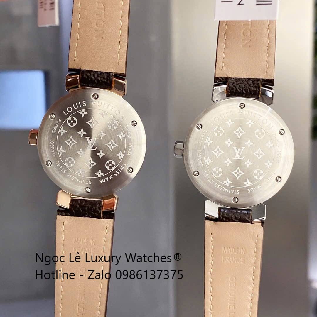 Đồng hồ Louis Vuitton Tambour Monogram dây da nâu vỏ silver, đồng hồ LV nữ siêu cấp size 35mm