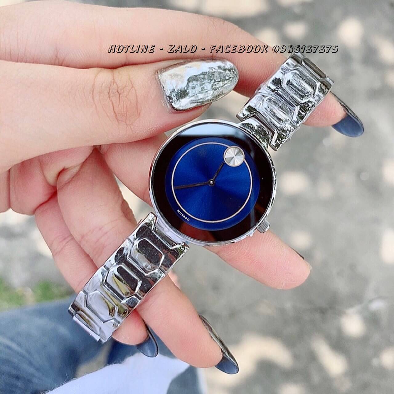 Đồng Hồ Movado Bold Nữ Dây Bạc Mặt Xanh 33mm