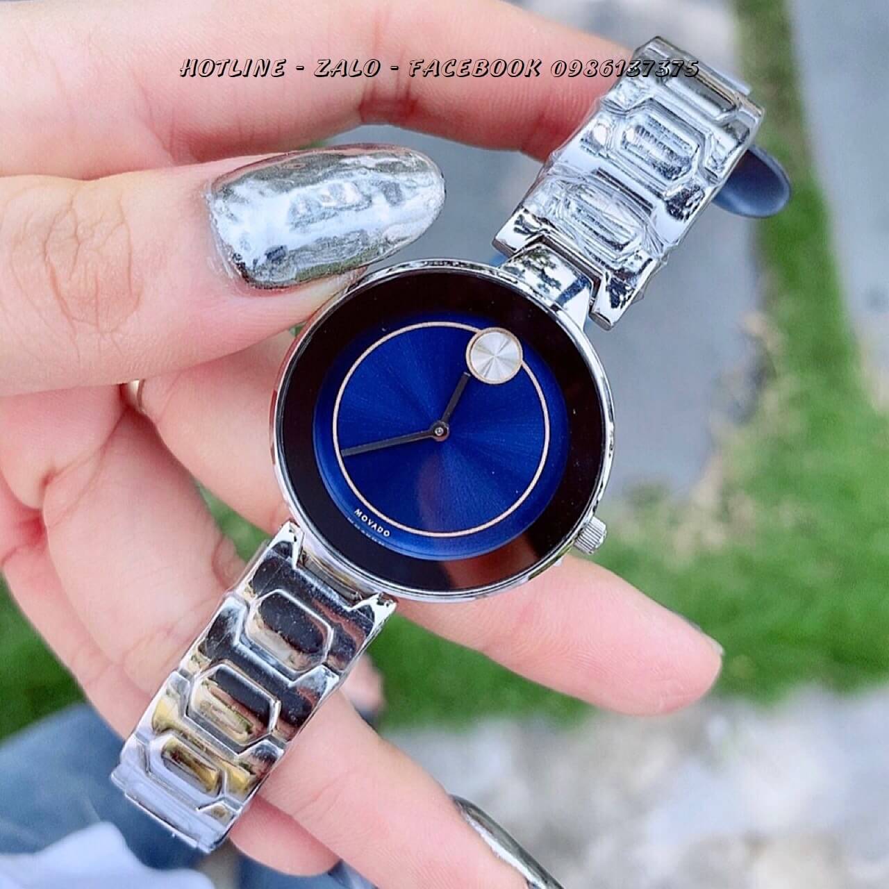 Đồng Hồ Movado Bold Nữ Dây Bạc Mặt Xanh 33mm