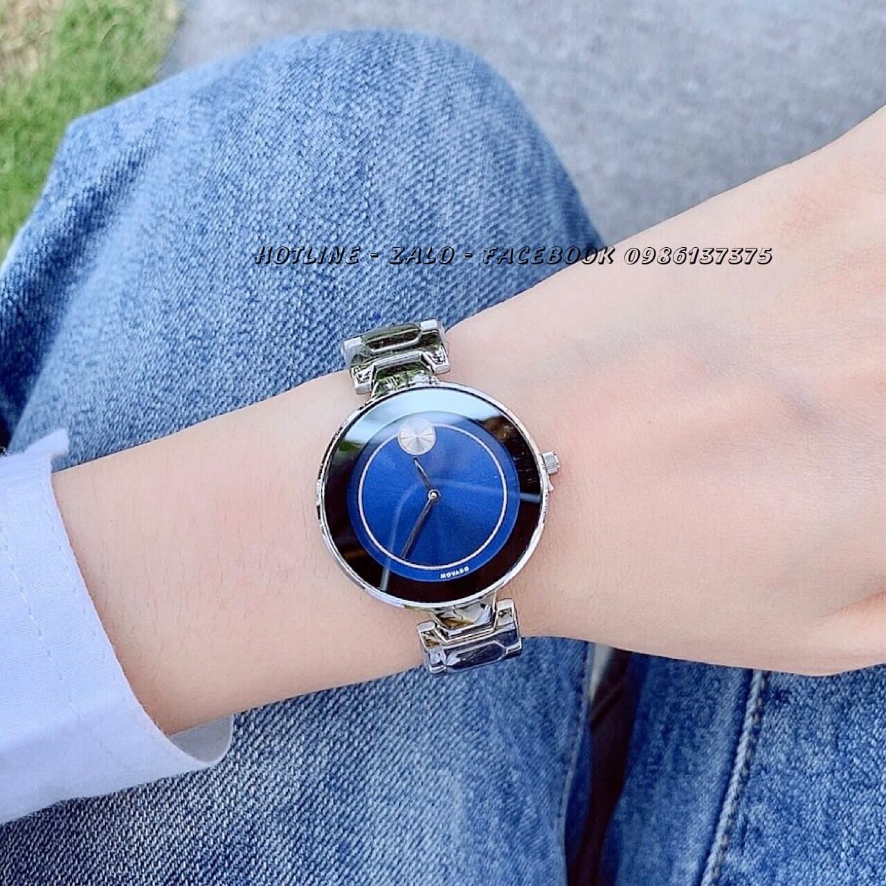 Đồng Hồ Movado Bold Nữ Dây Bạc Mặt Xanh 33mm