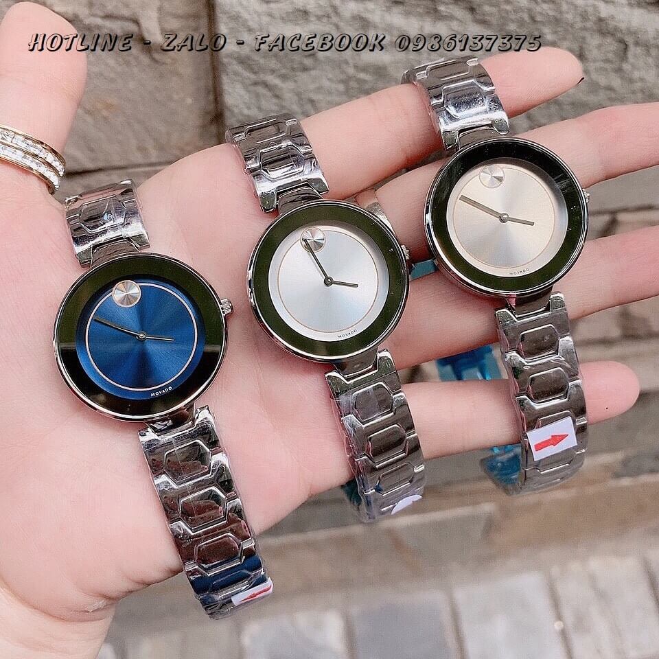 Đồng Hồ Movado Bold Nữ Dây Bạc Mặt Xanh 33mm