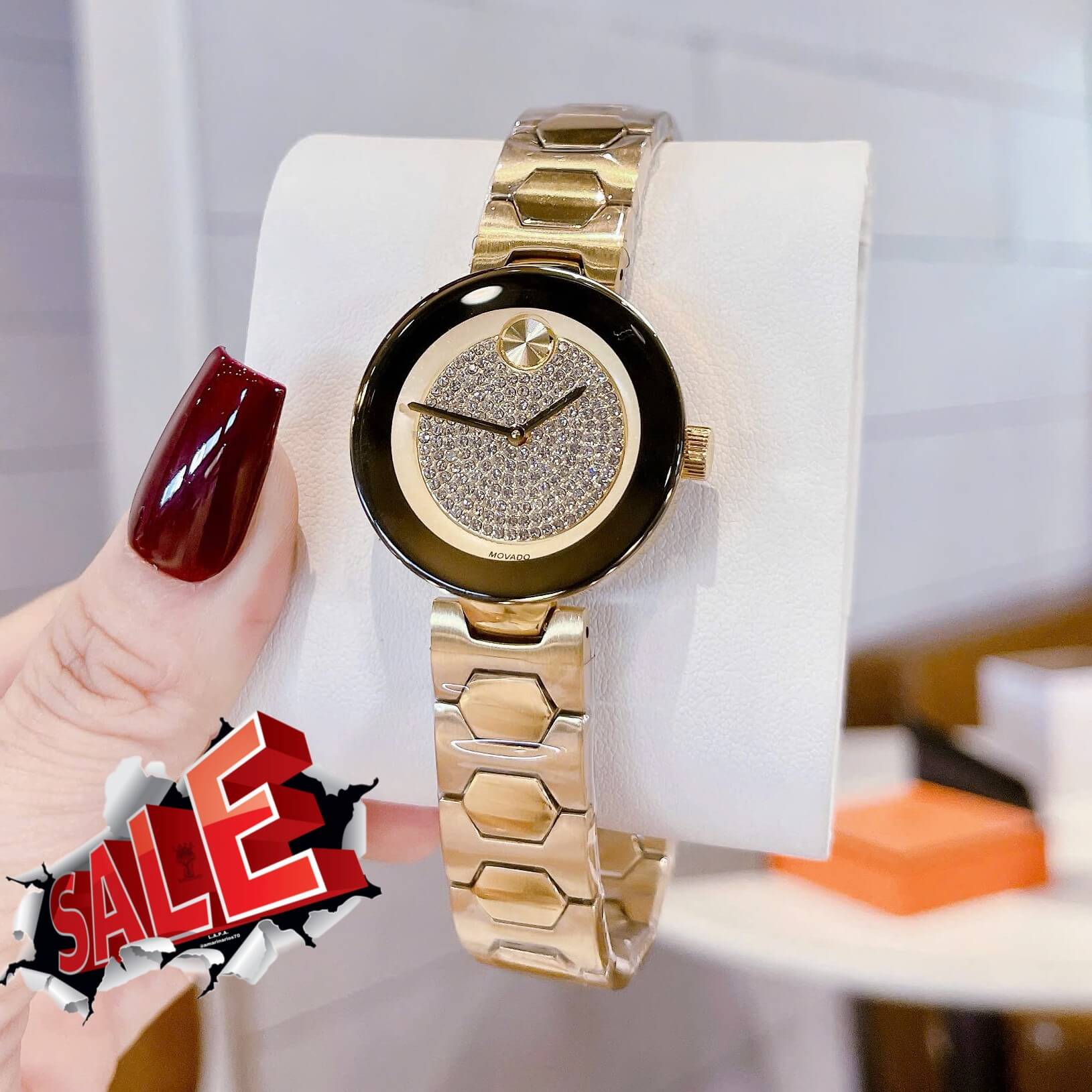 Đồng Hồ Movado Bold Nữ Dây Kim Loại Vàng Gold Mặt Đính Đá Size 32mm - Máy Pin