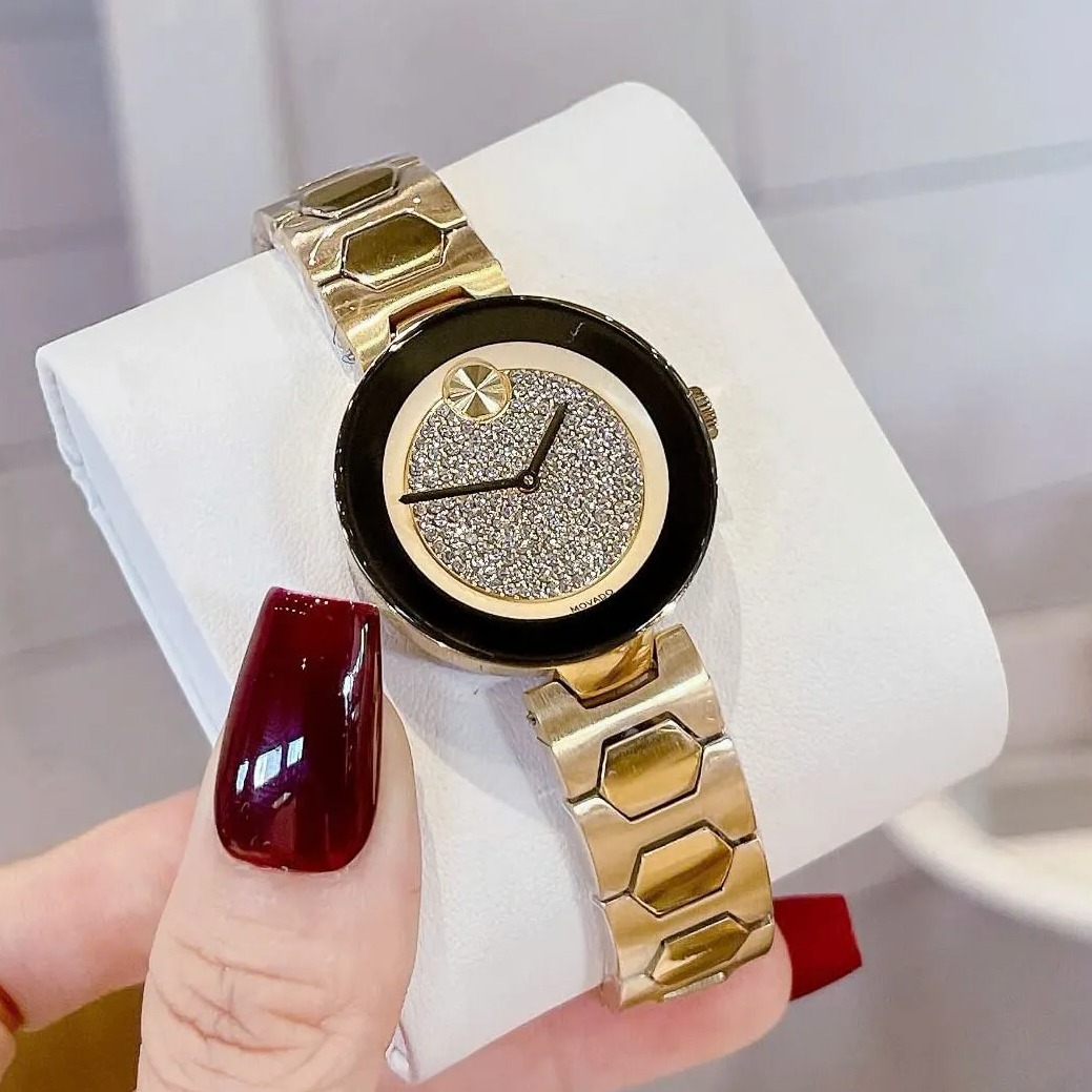 Đồng Hồ Movado Bold Nữ Dây Kim Loại Vàng Gold Mặt Đính Đá Size 32mm - Máy Pin