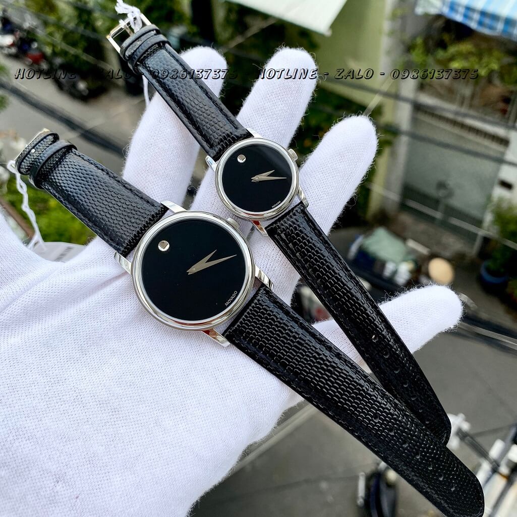 Đồng Hồ Movado 0607015 Cặp Dây Da Đen Vỏ Bạc 38mm - 28mm