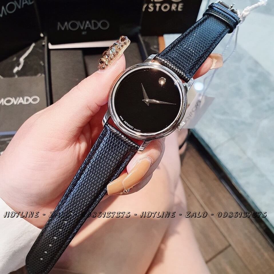 Đồng Hồ Movado 0607015 Cặp Dây Da Đen Vỏ Bạc 38mm - 28mm