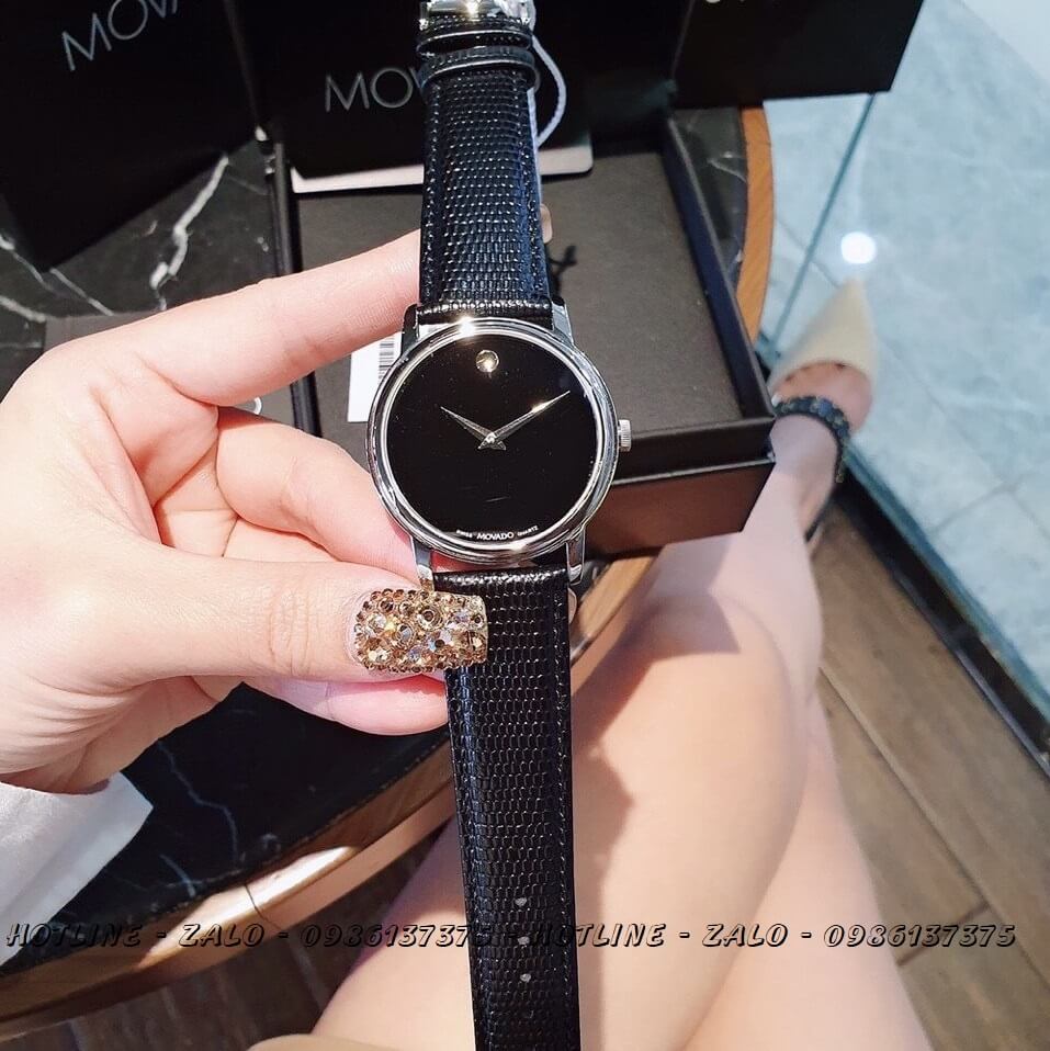 Đồng Hồ Movado 0607015 Cặp Dây Da Đen Vỏ Bạc 38mm - 28mm