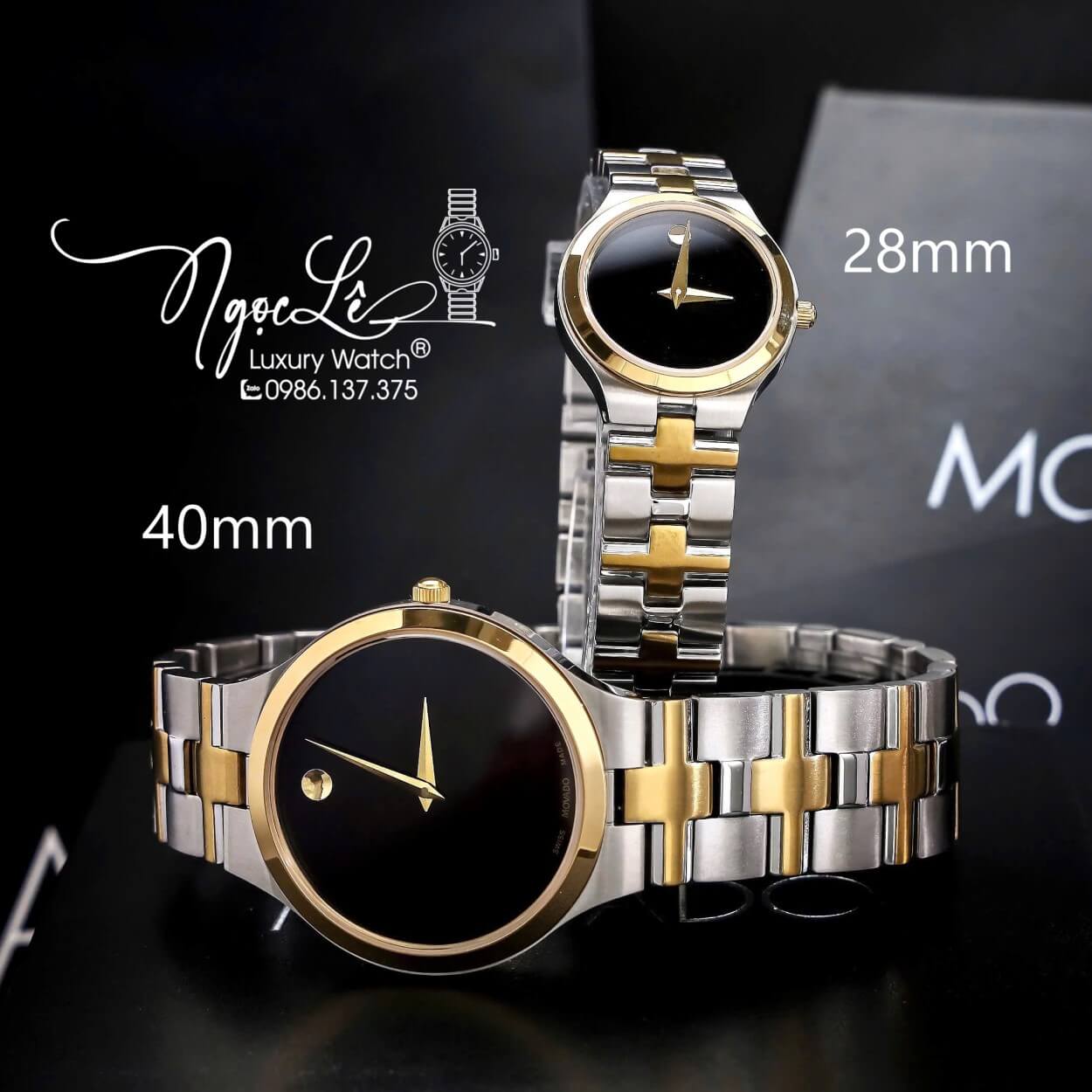 Đồng Hồ Cặp Movado Dây Kim Loại Demi Vàng Mặt Đen Cao Cấp Máy Pin Size 40mm - 28mm