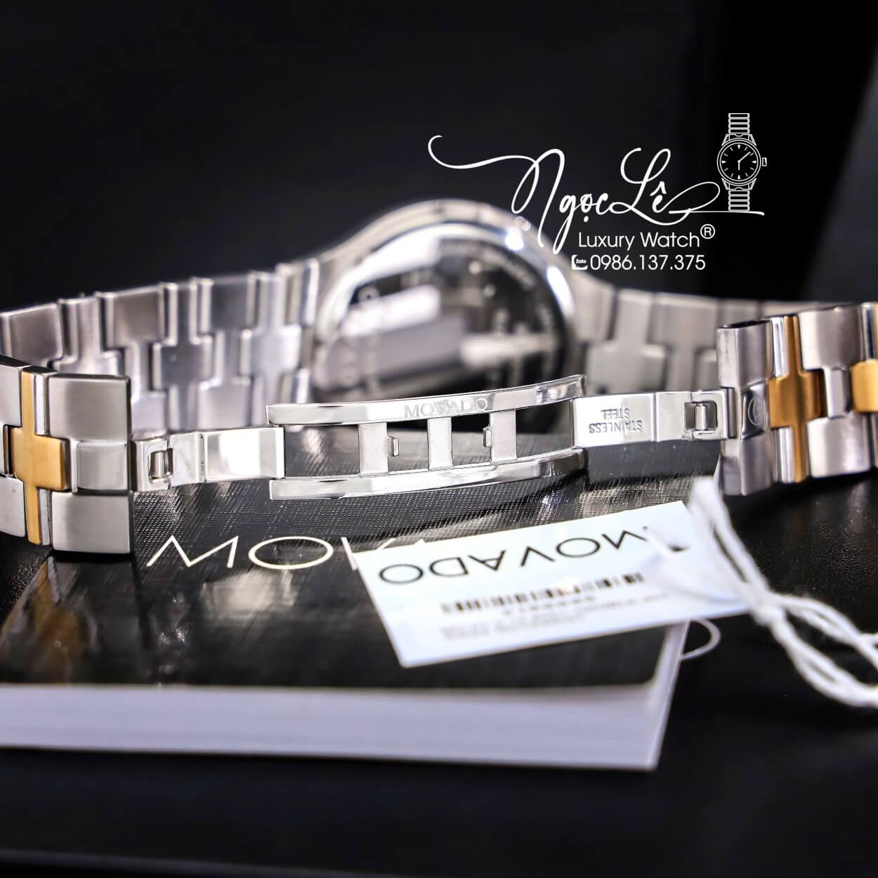 Đồng Hồ Cặp Movado Dây Kim Loại Demi Vàng Mặt Đen Cao Cấp Máy Pin Size 40mm - 28mm