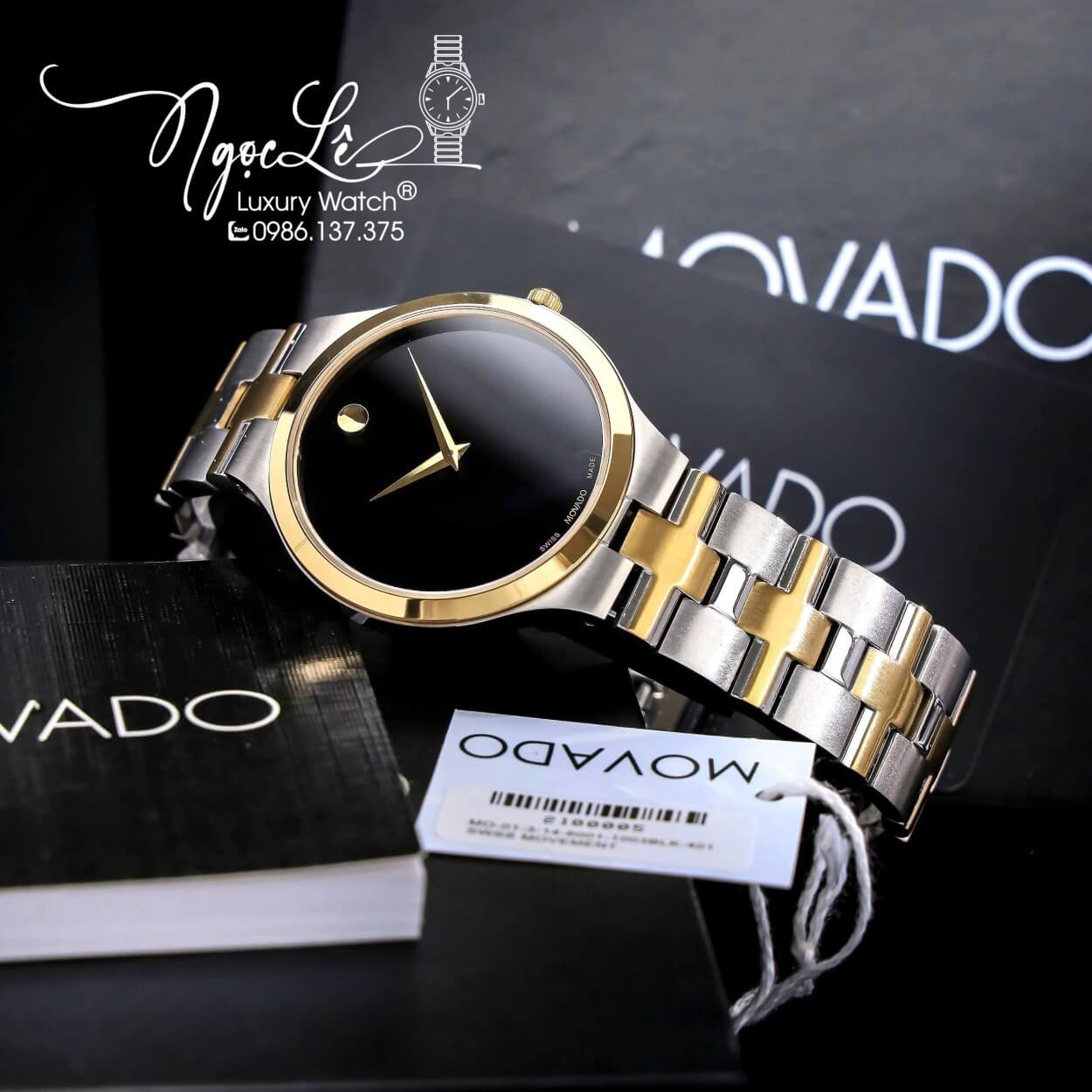 Đồng Hồ Cặp Movado Dây Kim Loại Demi Vàng Mặt Đen Cao Cấp Máy Pin Size 40mm - 28mm