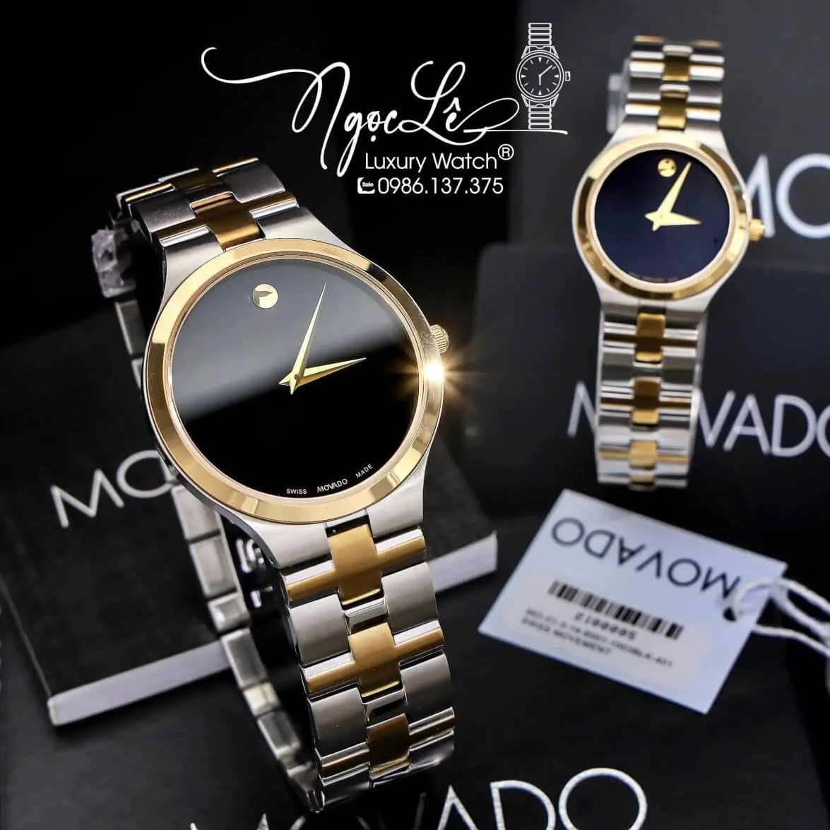 Đồng Hồ Cặp Movado Dây Kim Loại Demi Vàng Mặt Đen Cao Cấp Máy Pin Size 40mm - 28mm