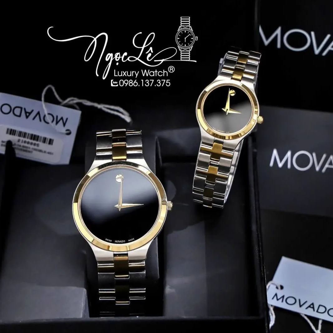 Đồng Hồ Cặp Movado Dây Kim Loại Demi Vàng Mặt Đen Cao Cấp Máy Pin Size 40mm - 28mm