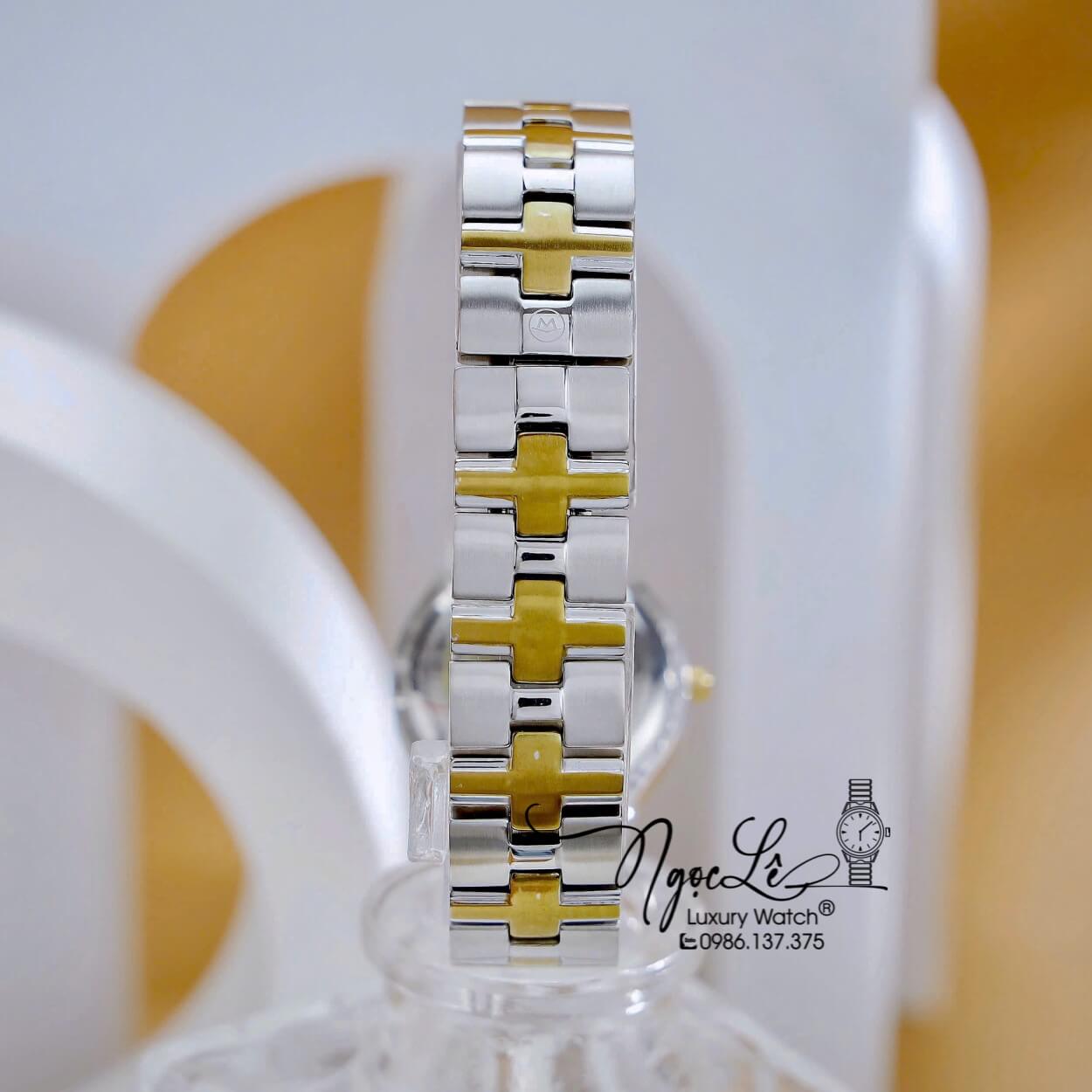 Đồng Hồ Cặp Movado Dây Kim Loại Demi Vàng Mặt Đen Cao Cấp Máy Pin Size 40mm - 28mm
