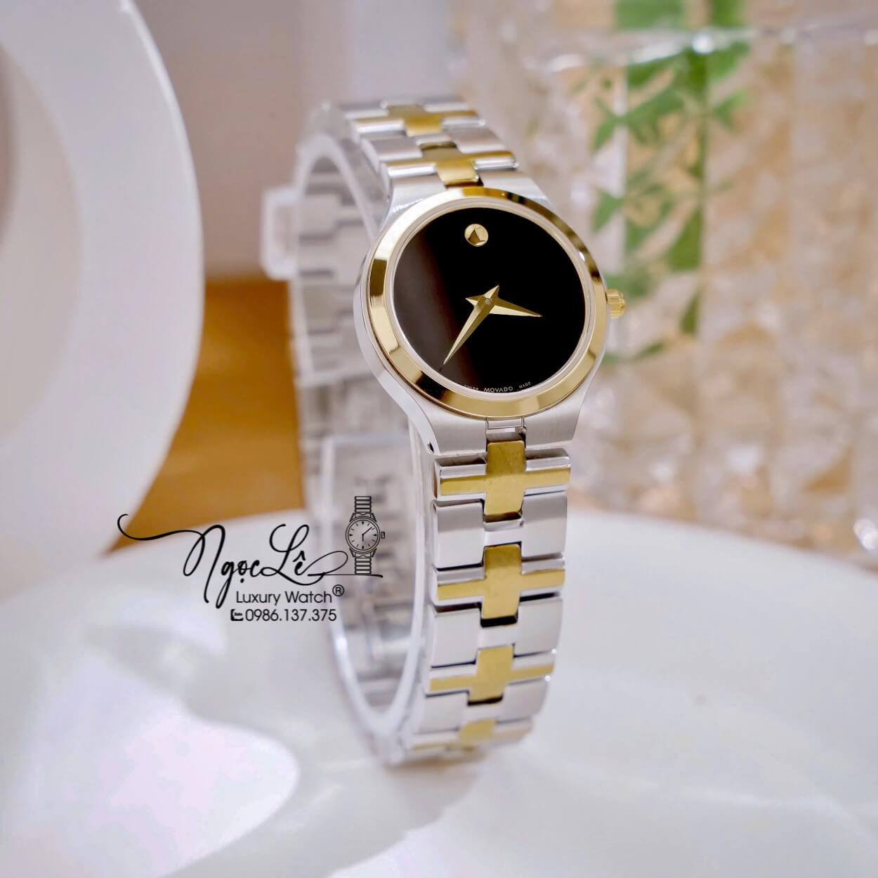 Đồng Hồ Cặp Movado Dây Kim Loại Demi Vàng Mặt Đen Cao Cấp Máy Pin Size 40mm - 28mm