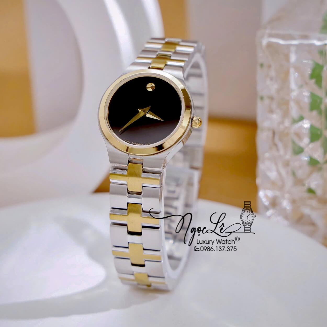 Đồng Hồ Cặp Movado Dây Kim Loại Demi Vàng Mặt Đen Cao Cấp Máy Pin Size 40mm - 28mm