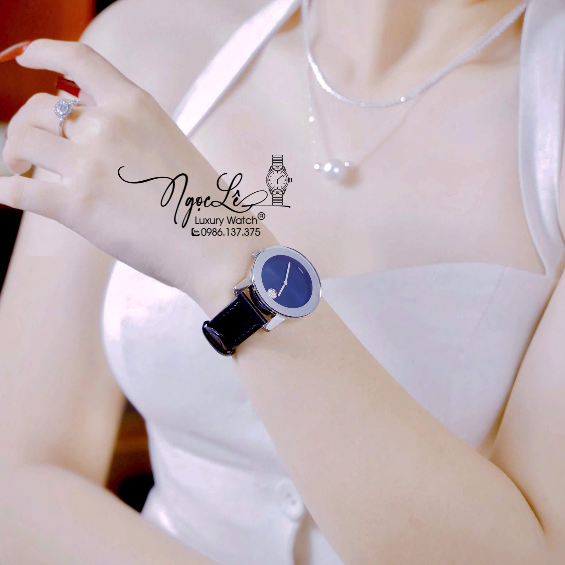 Đồng Hồ Nữ Movado Bold Dây Da Đen Mặt Xanh Size 36mm