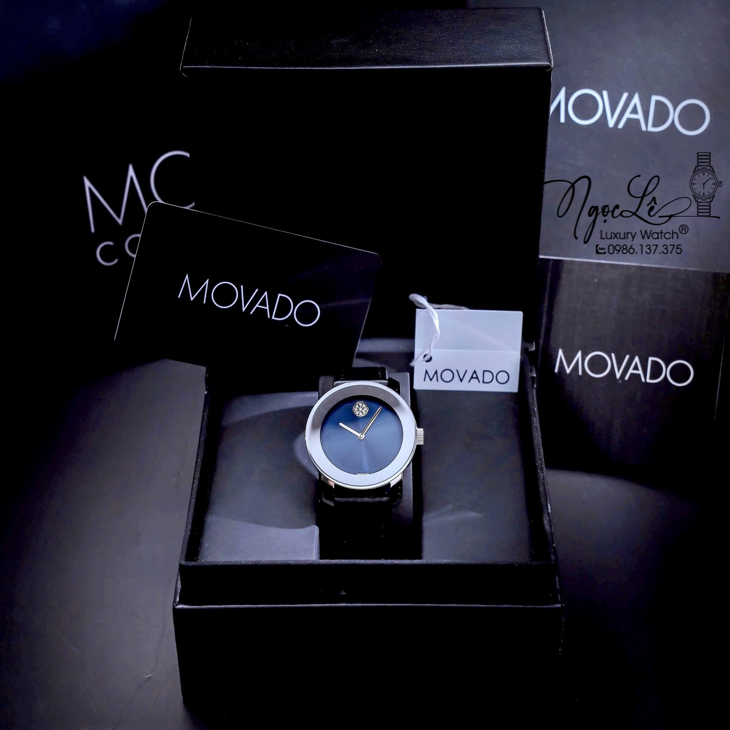 Đồng Hồ Nữ Movado Bold Dây Da Đen Mặt Xanh Size 36mm