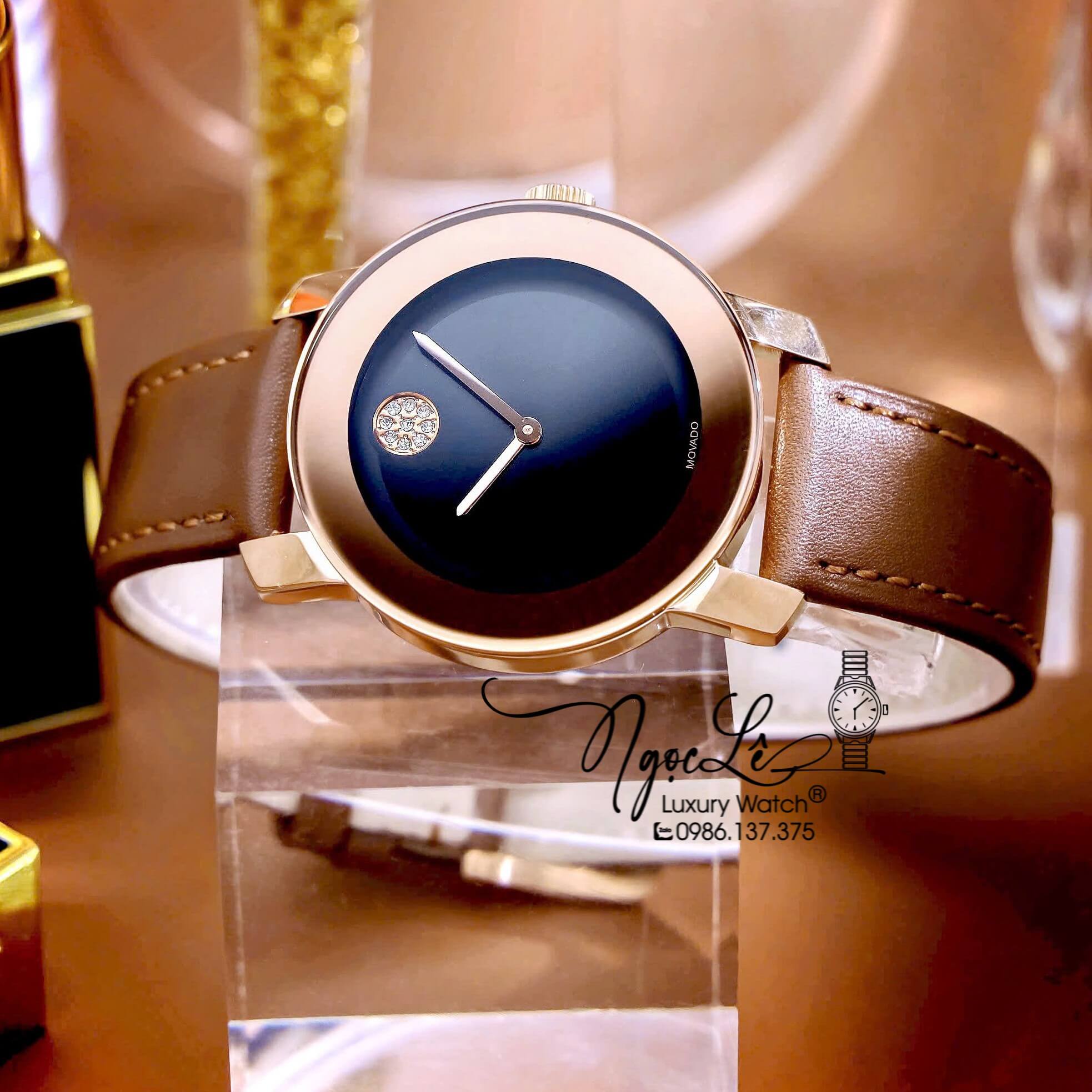 Đồng Hồ Nữ Movado Bold Dây Da Nâu Mặt Đen Size 36mm