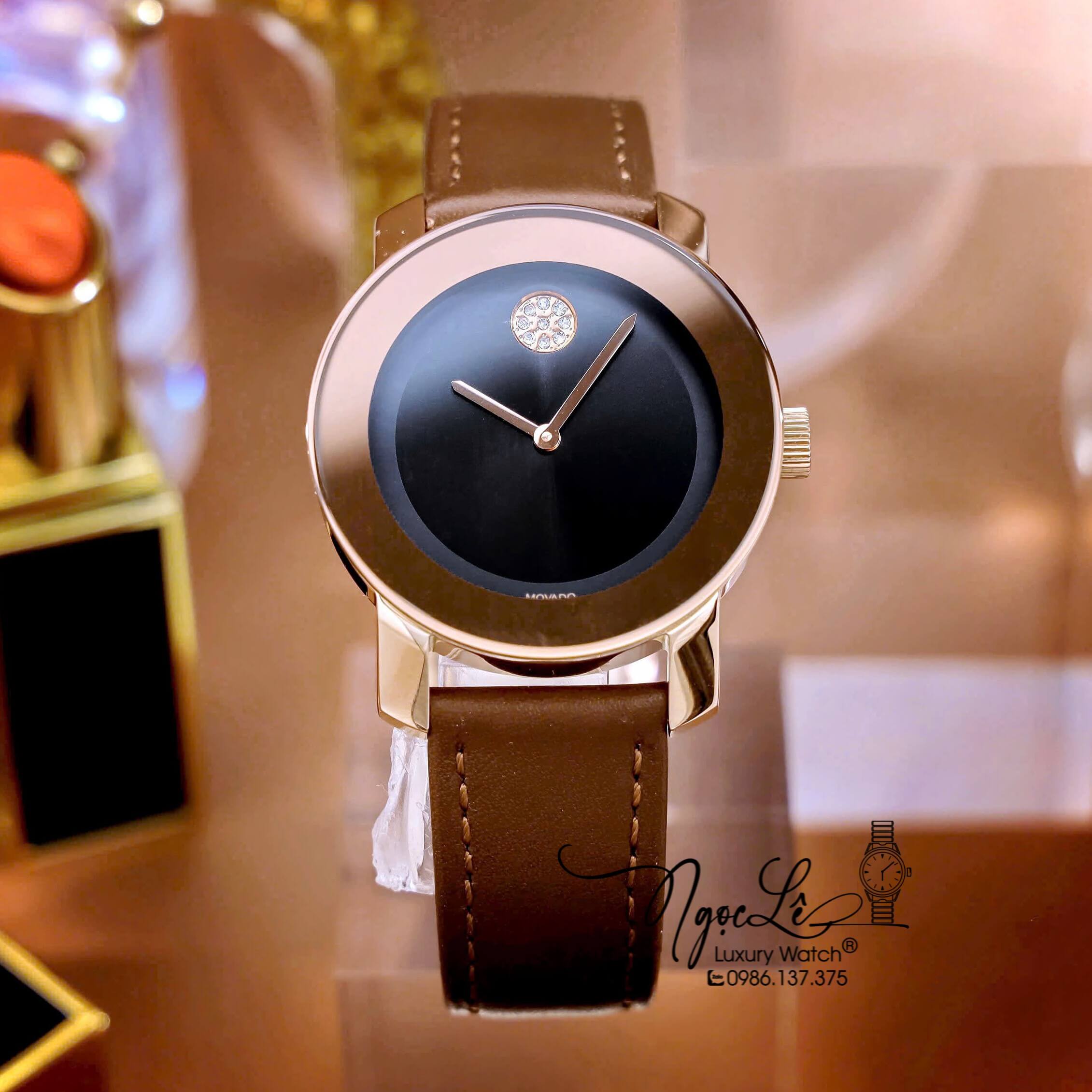 Đồng Hồ Nữ Movado Bold Dây Da Nâu Mặt Đen Size 36mm Vỏ Rose