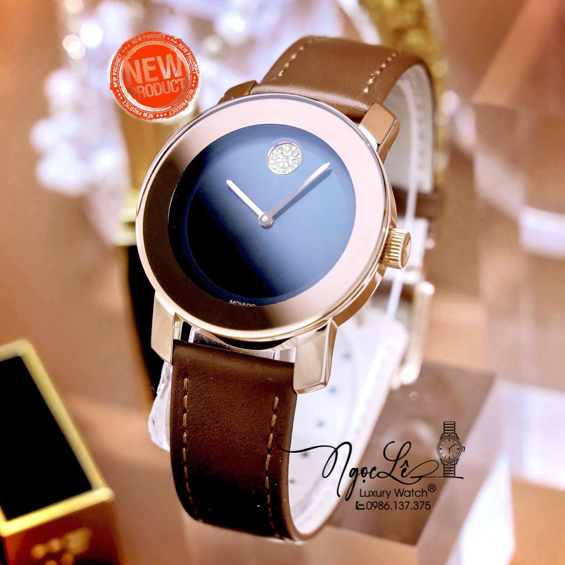 Đồng Hồ Nữ Movado Bold Dây Da Nâu Mặt Đen Size 36mm