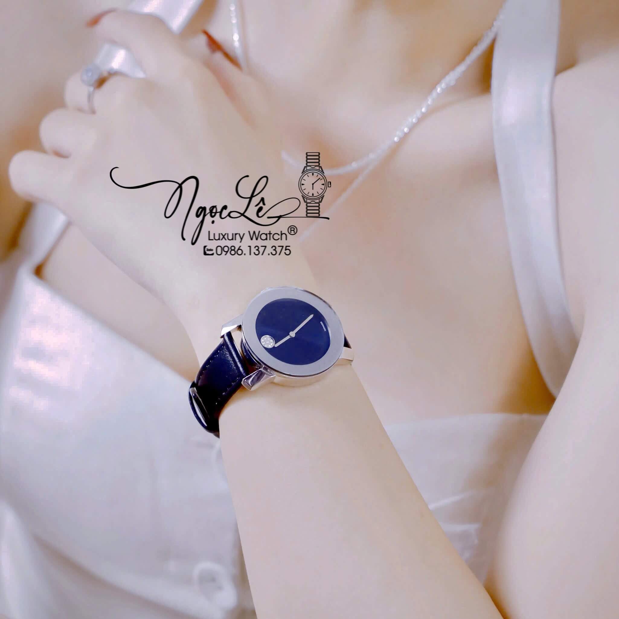 Đồng Hồ Nữ Movado Bold Dây Da Đen Mặt Xanh Size 36mm