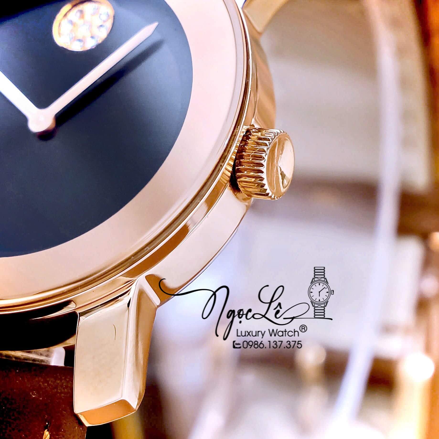 Đồng Hồ Nữ Movado Bold Dây Da Nâu Mặt Đen Size 36mm