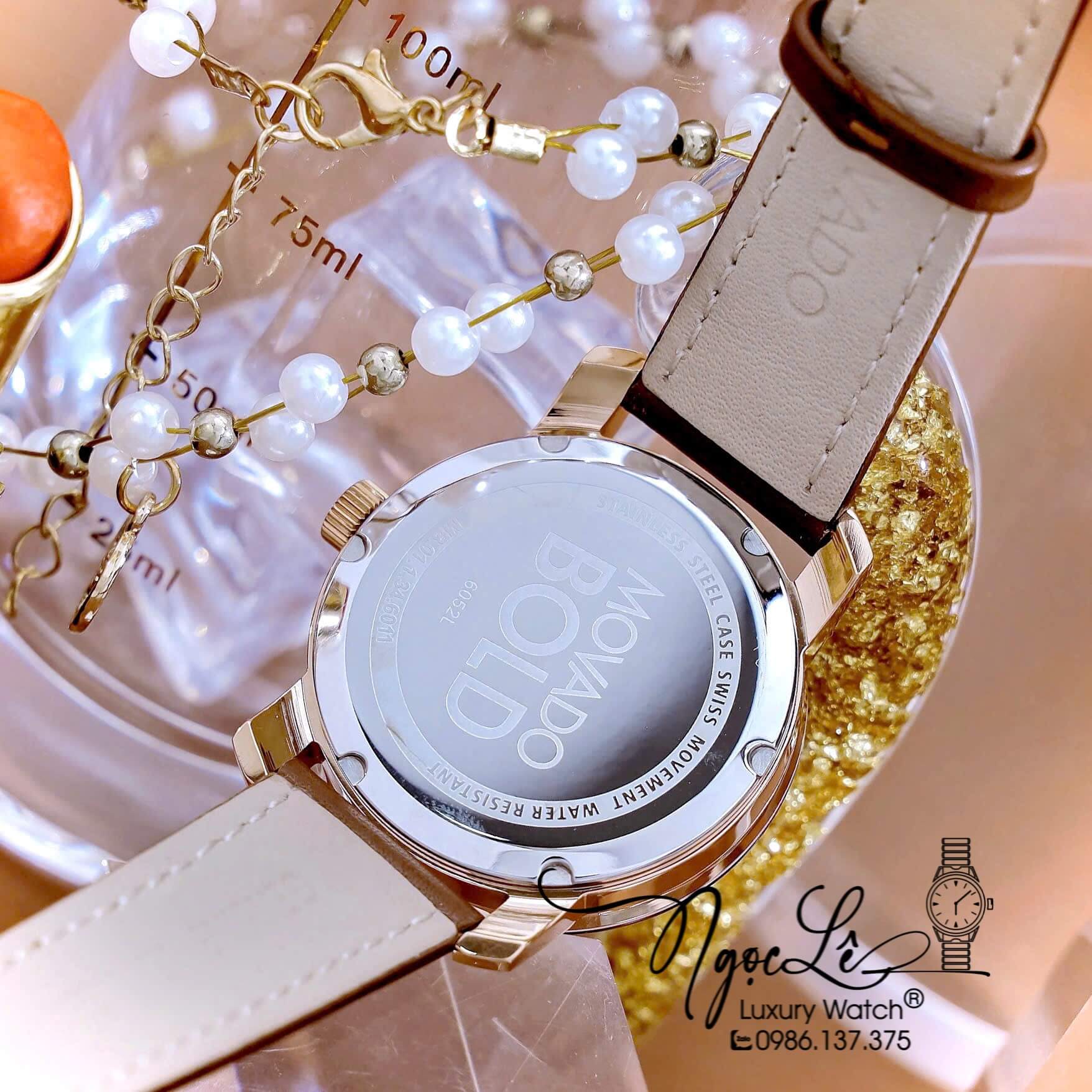 Đồng Hồ Nữ Movado Bold Dây Da Nâu Mặt Vàng Hồng Size 36mm Vỏ Rose
