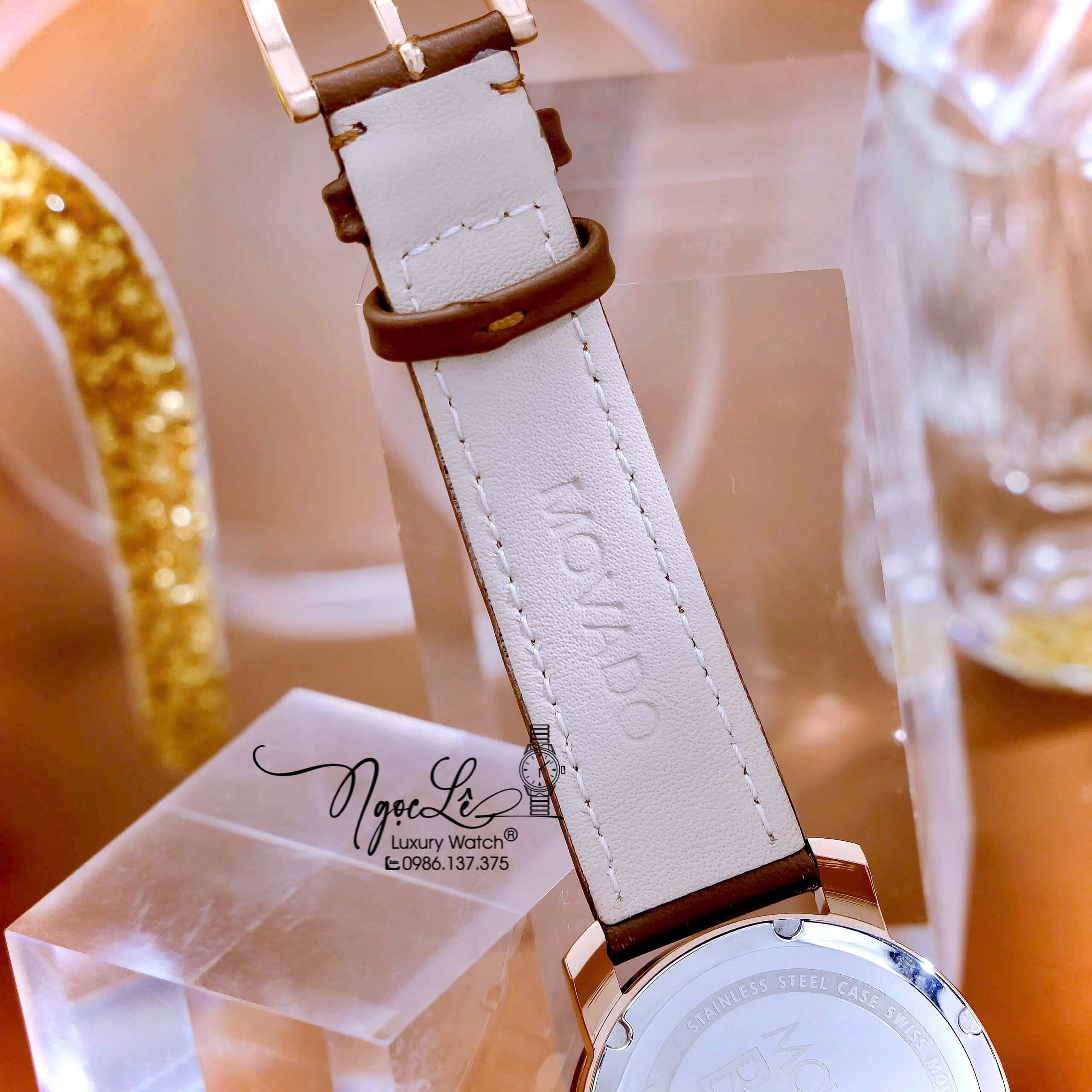 Đồng Hồ Nữ Movado Bold Dây Da Nâu Mặt Đen Size 36mm