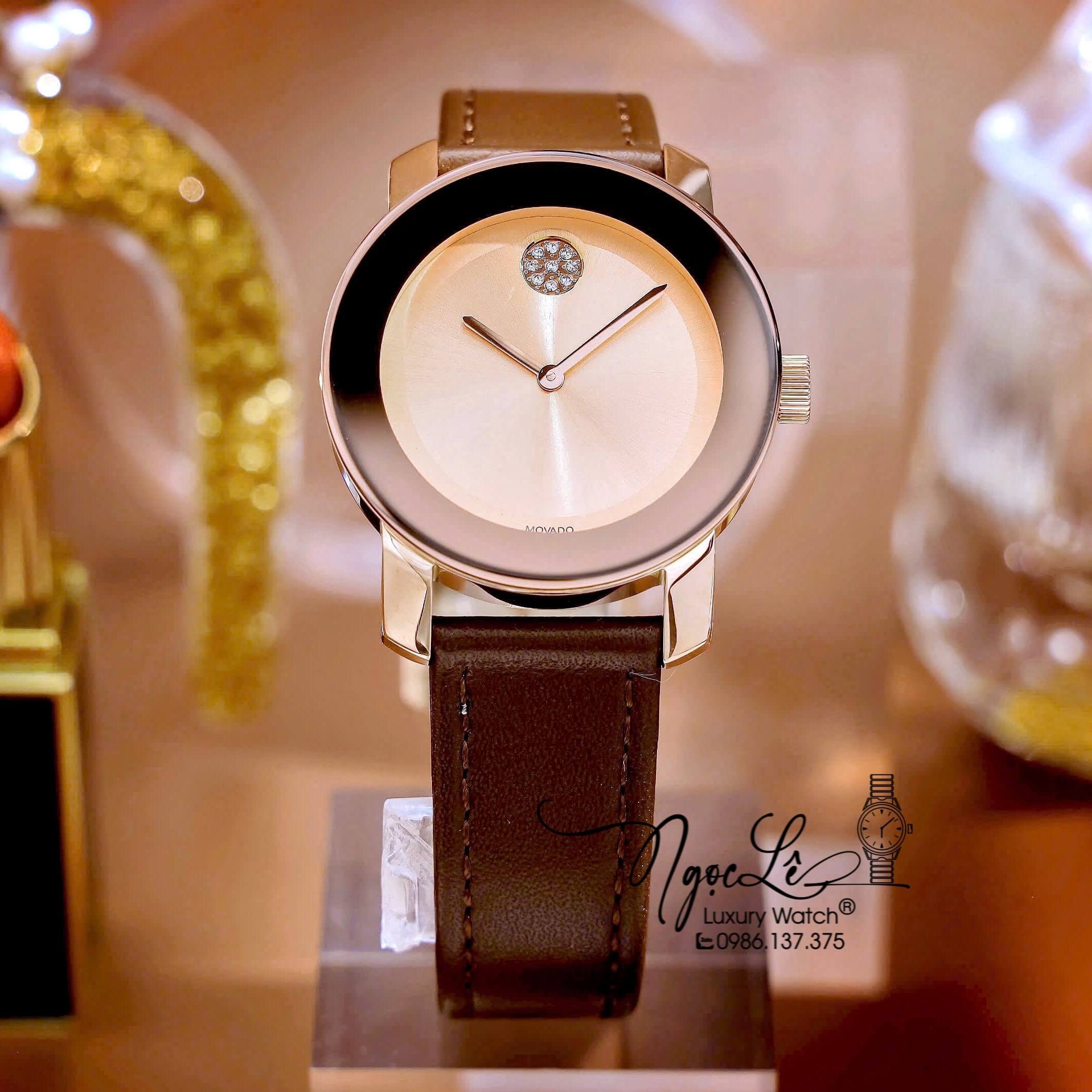 Đồng Hồ Nữ Movado Bold Dây Da Nâu Mặt Vàng Hồng Size 36mm Vỏ Rose