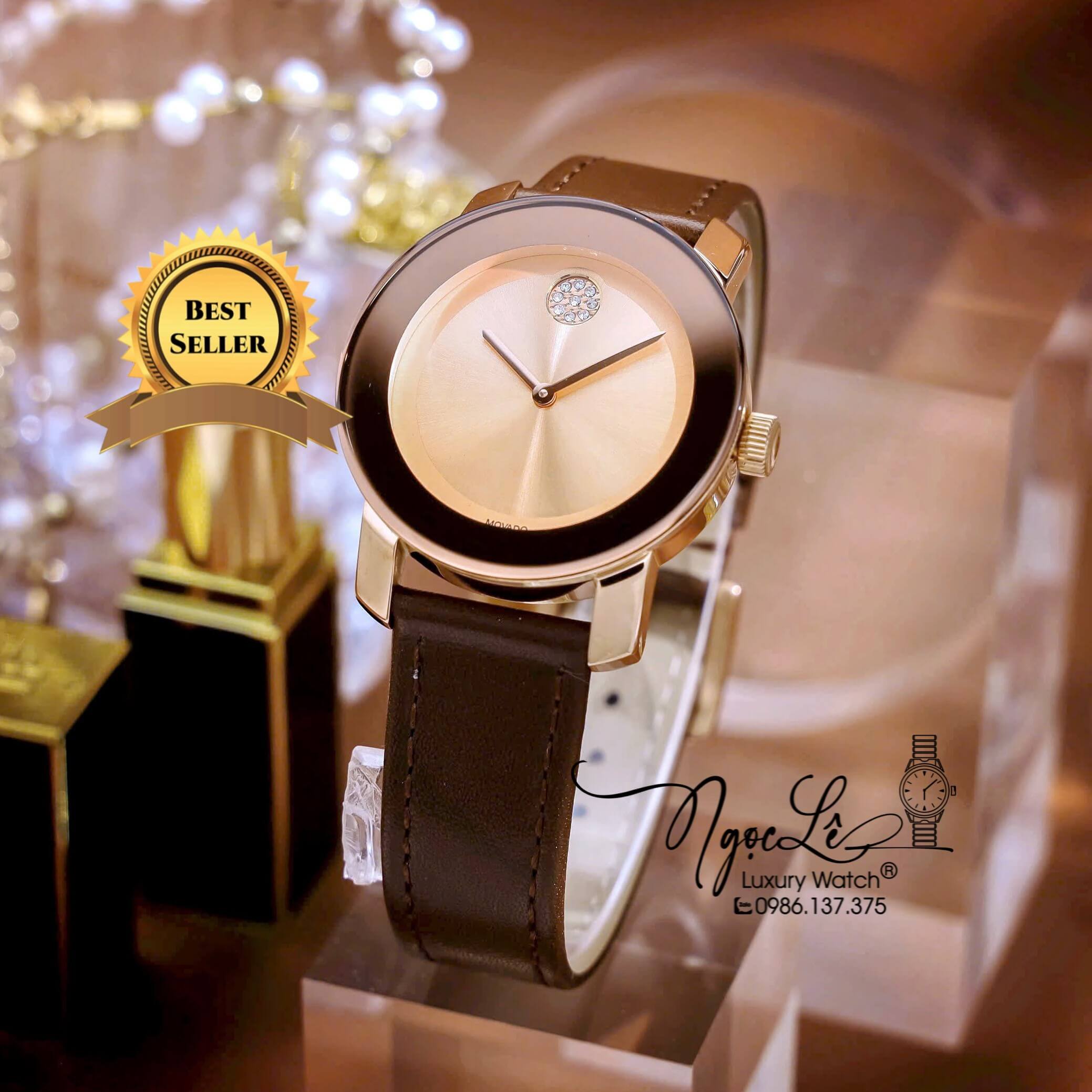 Đồng Hồ Nữ Movado Bold Dây Da Nâu Mặt Vàng Hồng Size 36mm Vỏ Rose