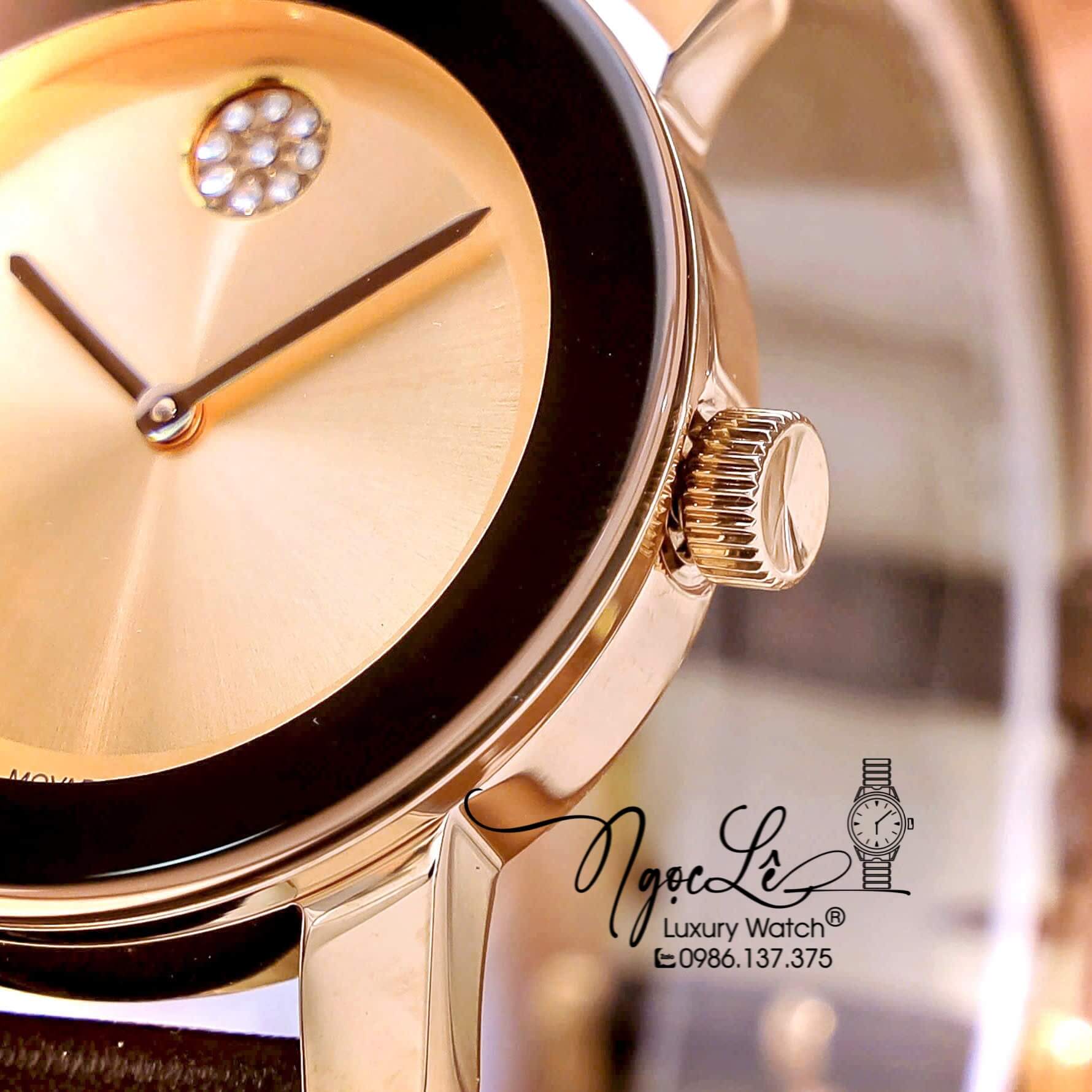 Đồng Hồ Nữ Movado Bold Dây Da Nâu Mặt Vàng Hồng Size 36mm Vỏ Rose