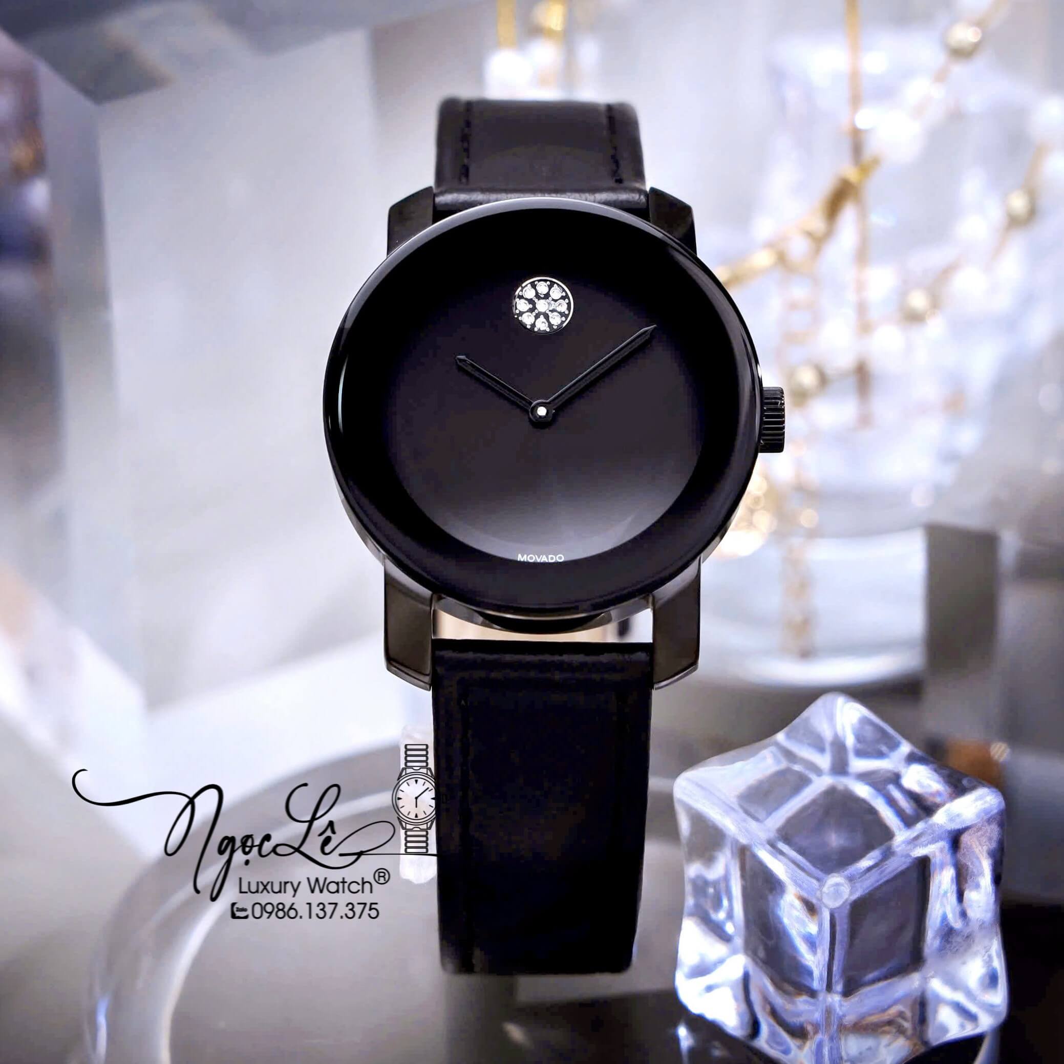 Đồng Hồ Nữ Movado Bold Dây Da Đen Mặt Đen Size 36mm Vỏ Silver