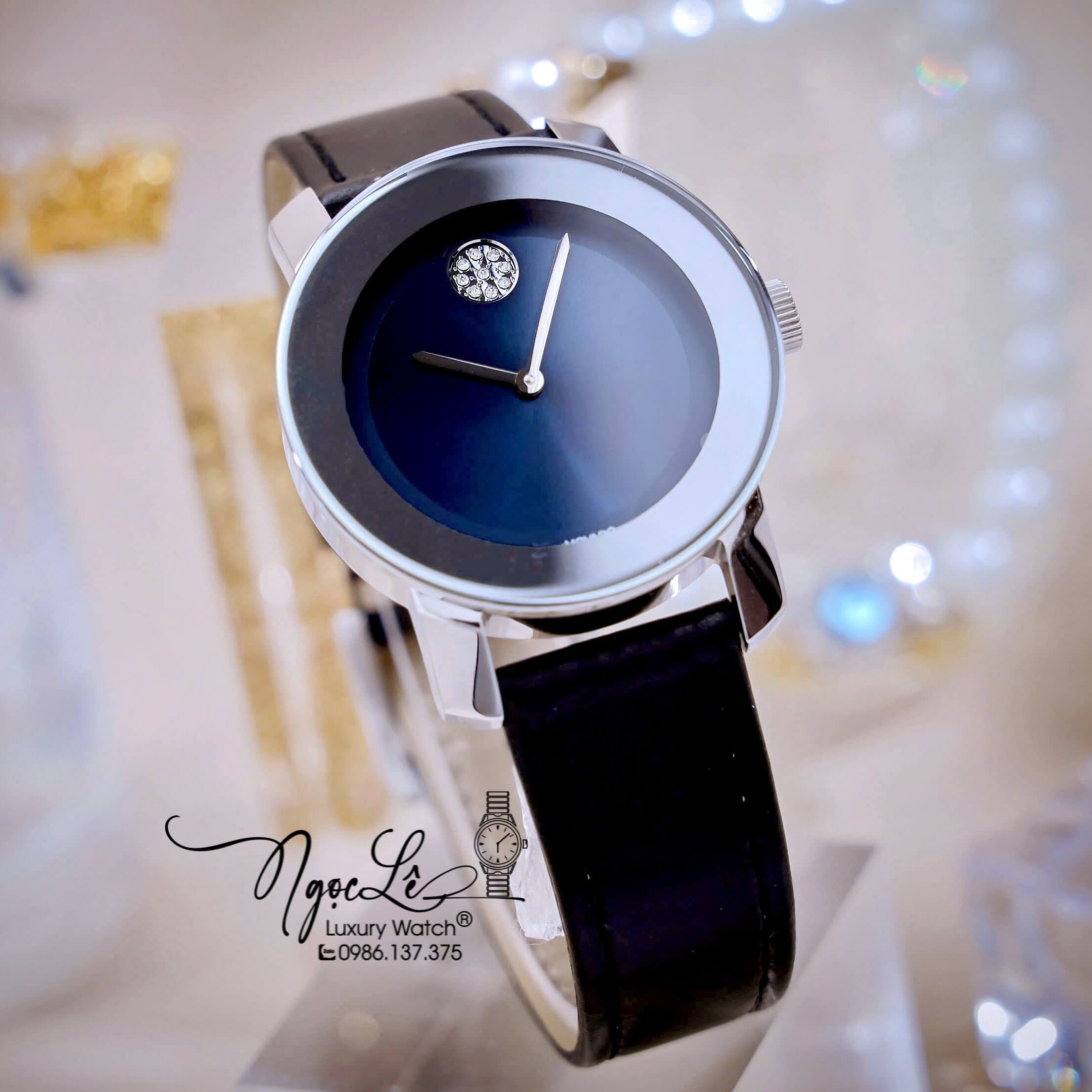 Đồng Hồ Nữ Movado Bold Dây Da Đen Mặt Xanh Size 36mm