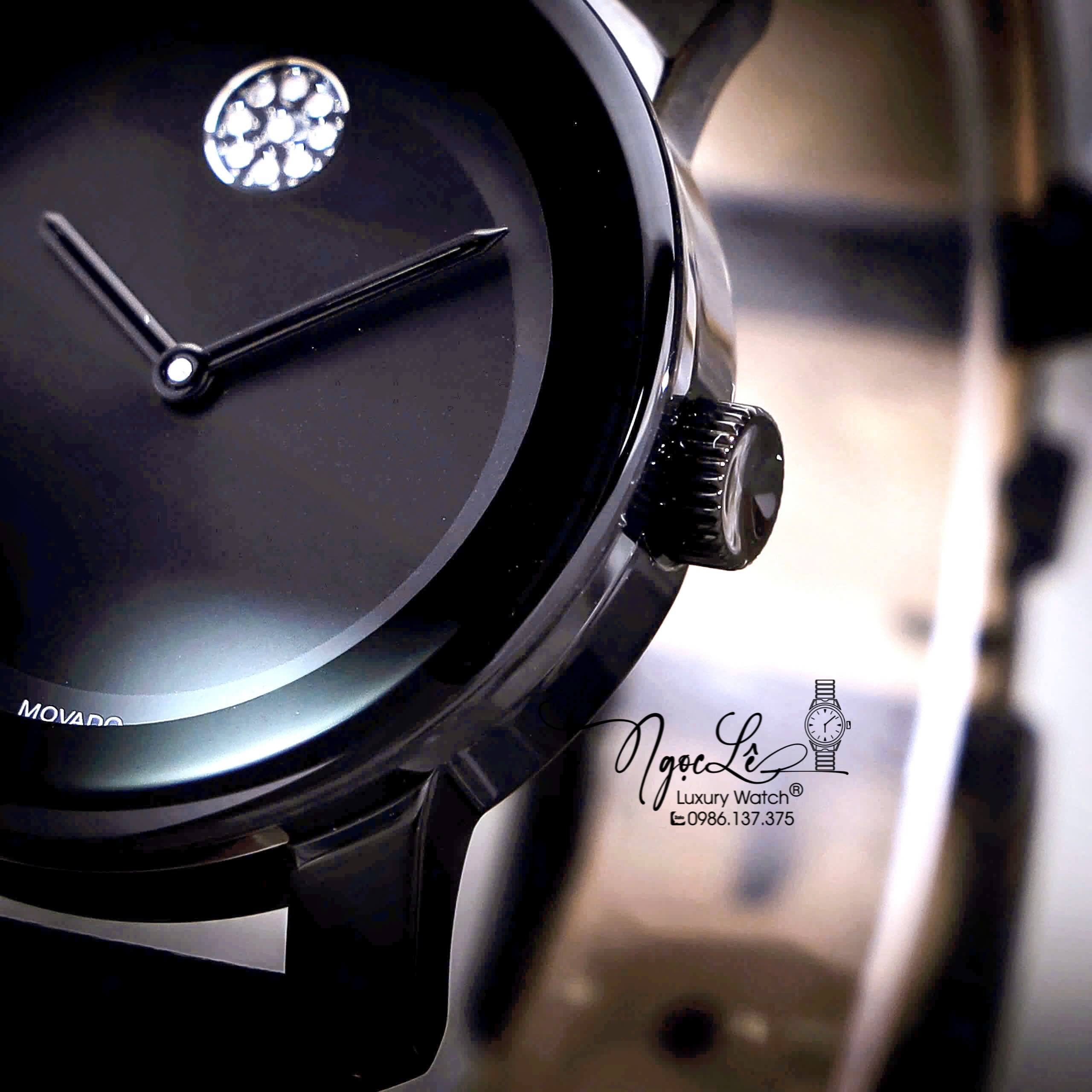 Đồng Hồ Nữ Movado Bold Dây Da Đen Mặt Đen Size 36mm Vỏ Silver