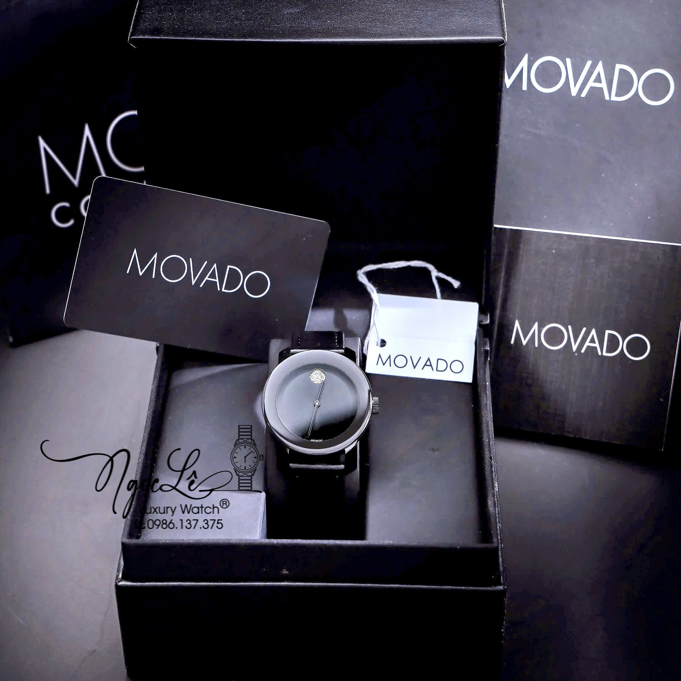 Đồng Hồ Nữ Movado Bold Dây Da Đen Mặt Đen Size 36mm Vỏ Silver