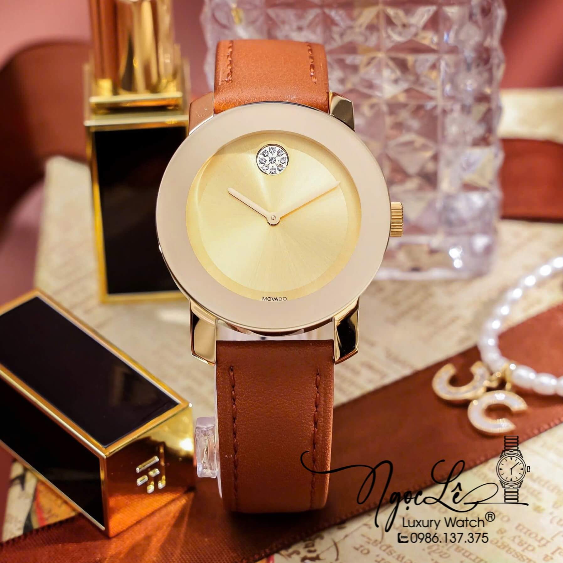 Đồng Hồ Nữ Movado Bold Dây Da Nâu Mặt Vàng Size 36mm Vỏ Gold
