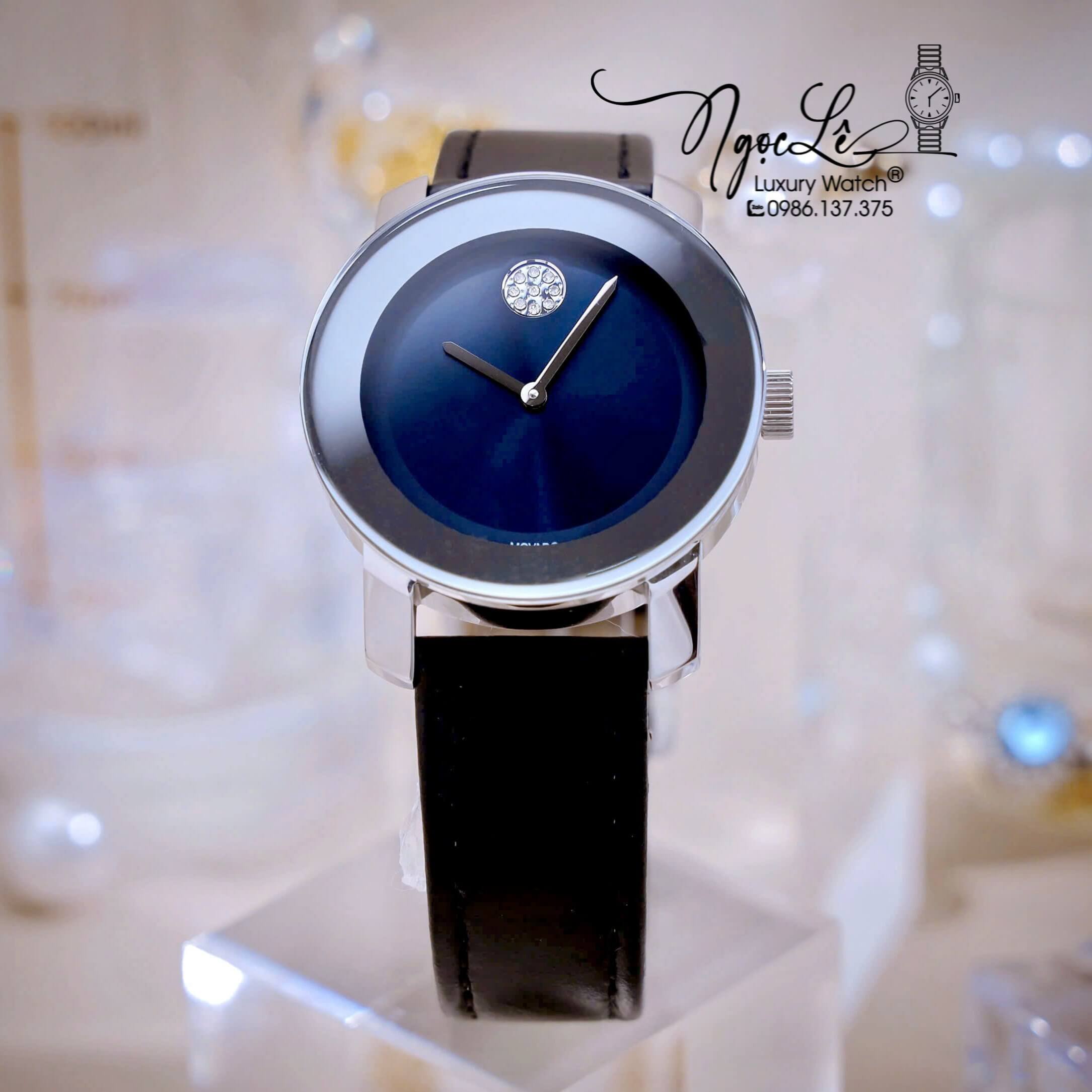 Đồng Hồ Nữ Movado Bold Dây Da Đen Mặt Xanh Size 36mm