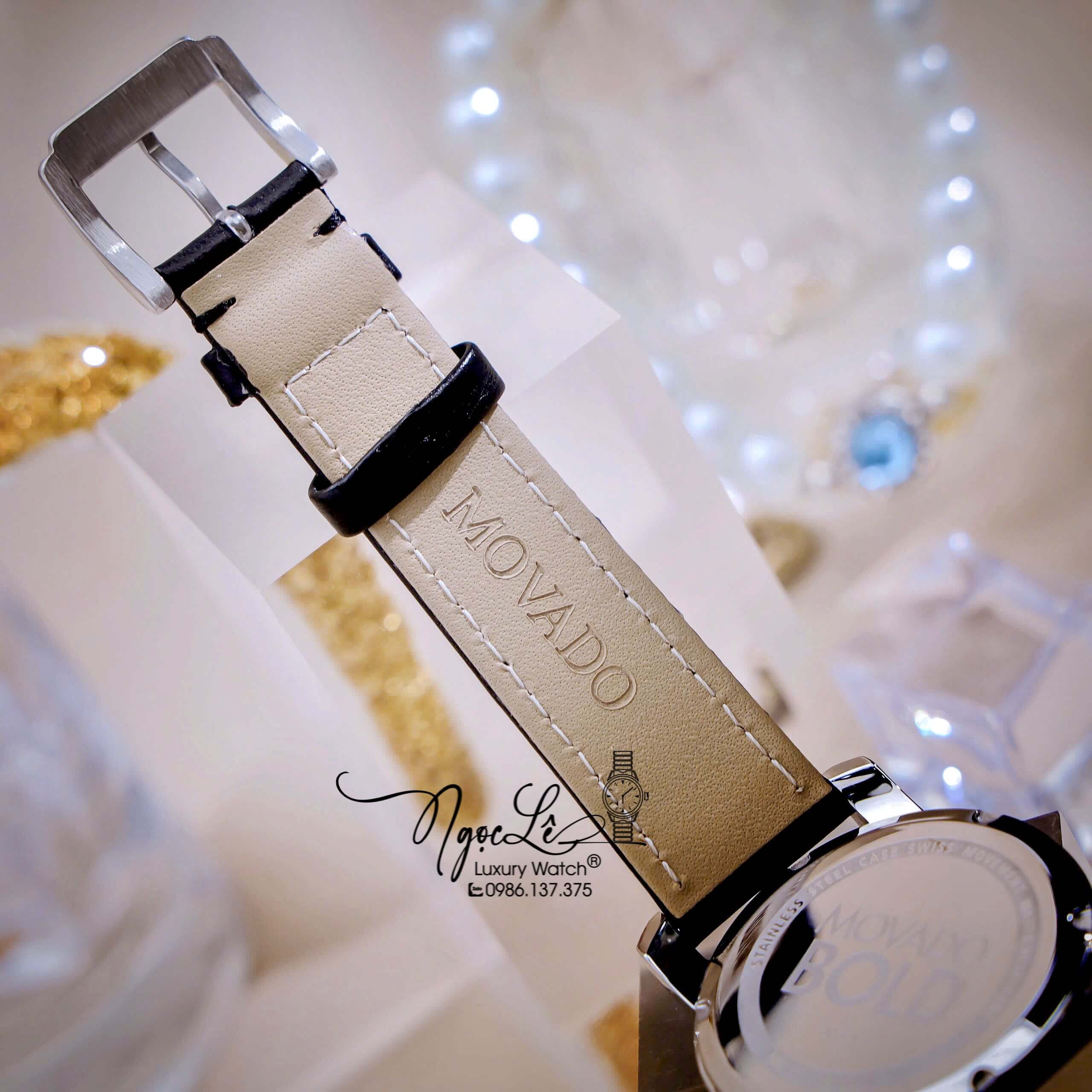 Đồng Hồ Nữ Movado Bold Dây Da Đen Mặt Xanh Size 36mm