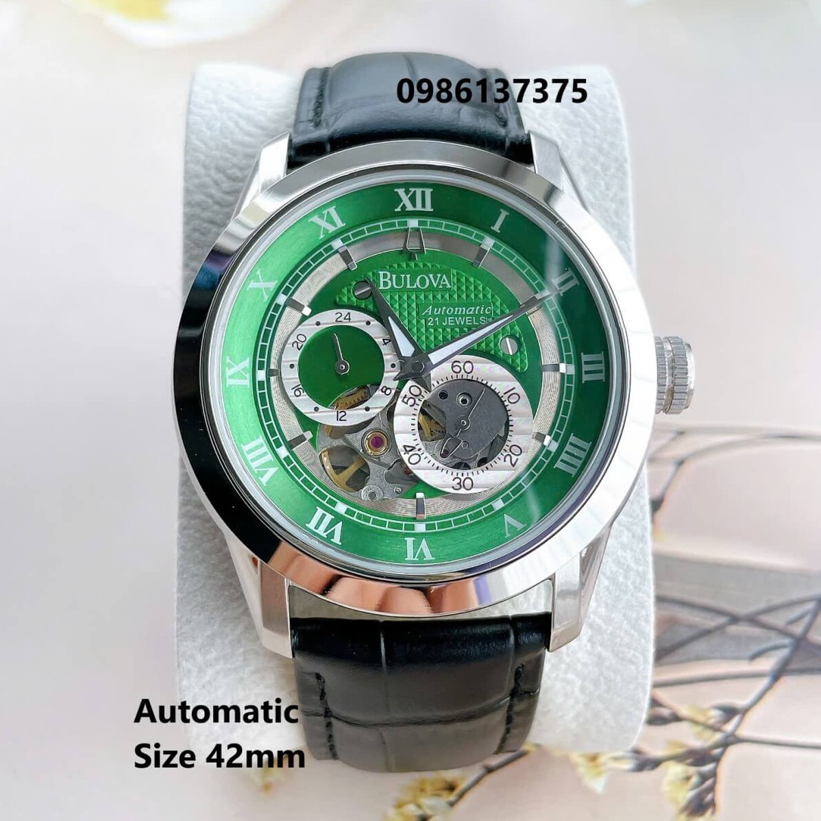 Đồng Hồ Nam Bulova 96A118 Tự Động Dây Da Đen Mặt Xanh Lá Vỏ Silver Size 42mm