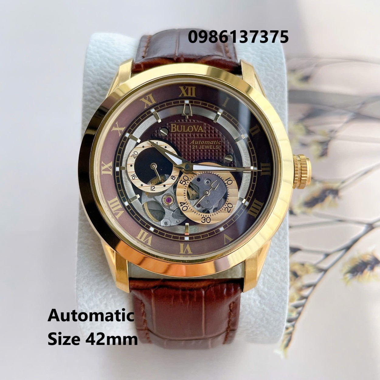 Đồng Hồ Nam Bulova 96A118 Tự Động Dây Da Nâu Mặt Nâu Vỏ Vàng Gold Size 42mm