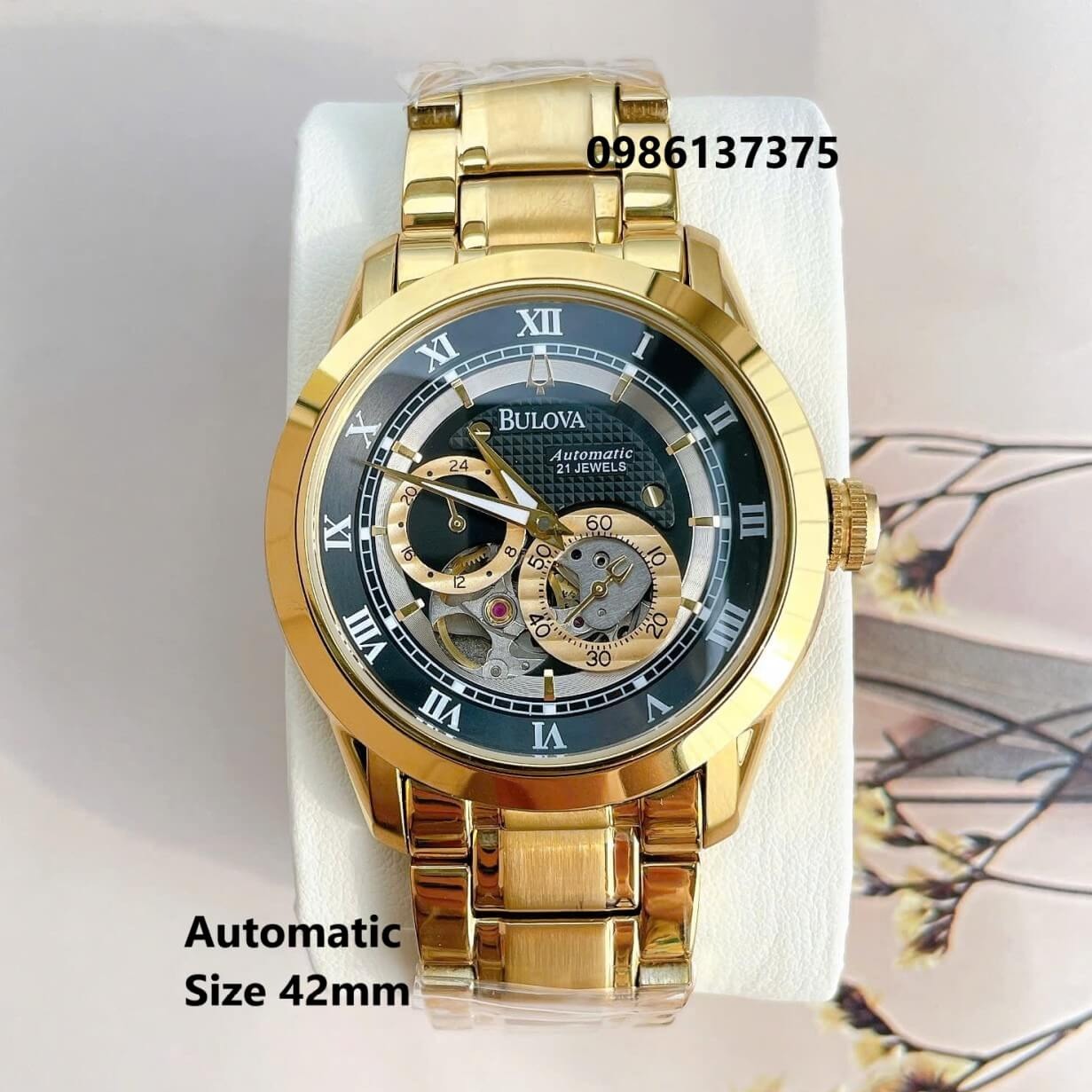 Đồng Hồ Nam Bulova 96A118 Tự Động Dây Kim Loại Vàng Mặt Đen Size 42mm (Gold)
